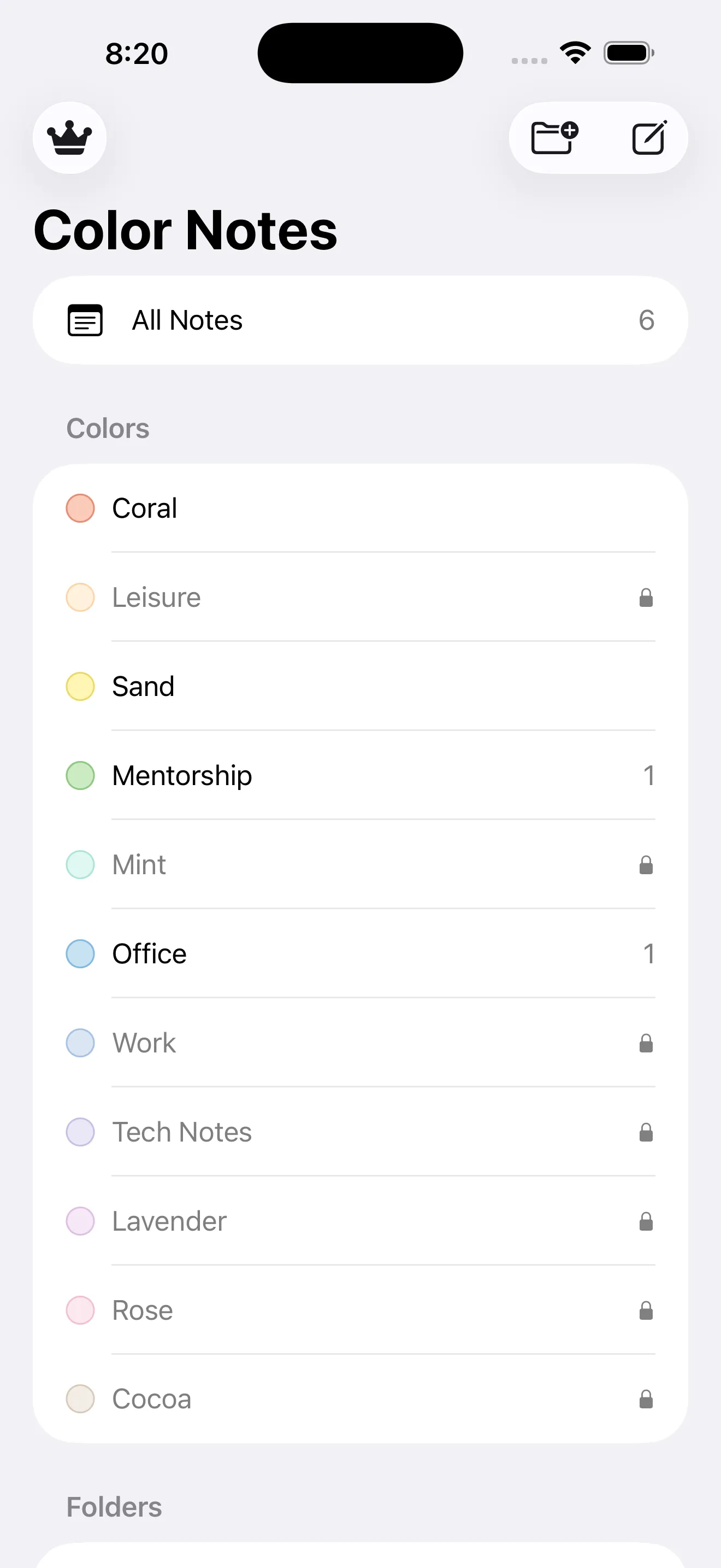 Color Notes home with the All Notes count and a sidebar of color categories like Coral, Sand, Mentorship and Office