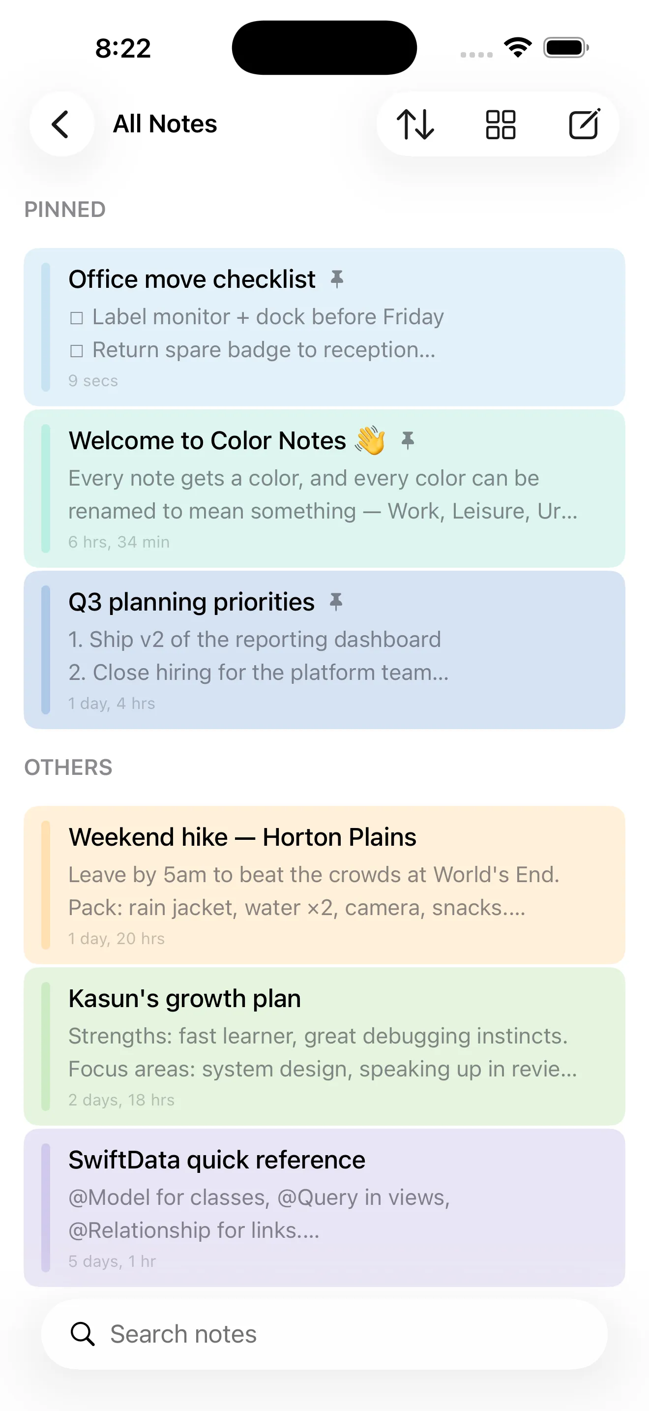 Compact list view of color-coded notes with pinned notes at the top