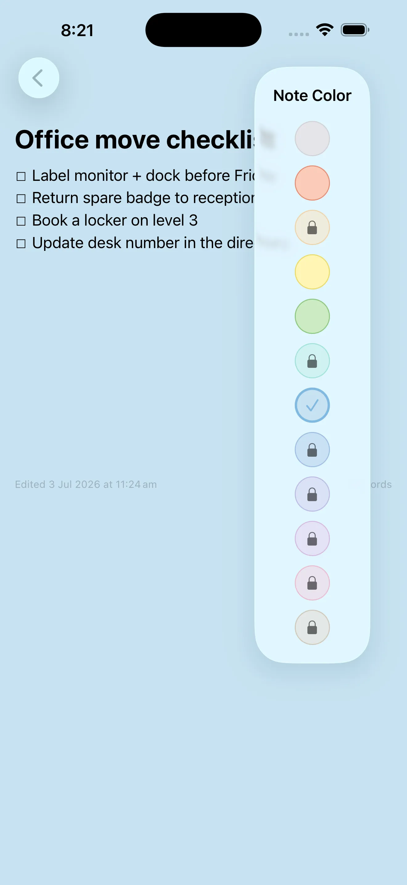 A note open with the Note Color picker showing the 12 pastel colors to choose from