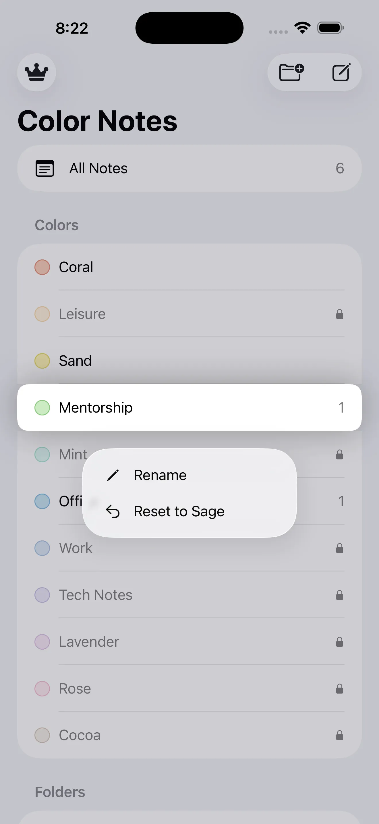 Long-pressing a color in the sidebar to Rename it or Reset it, turning colors into categories