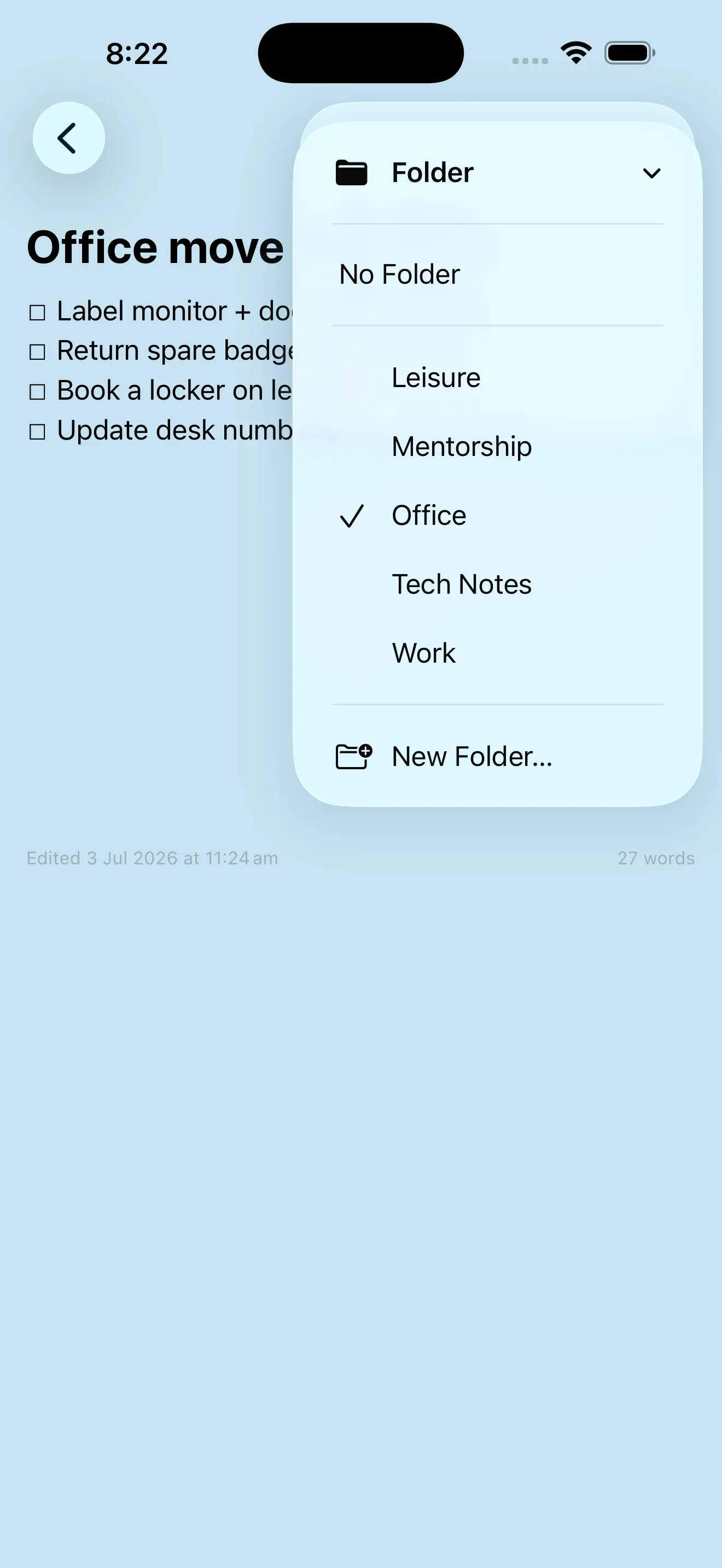 Choosing a folder for a note — No Folder, Leisure, Mentorship, Office, Tech Notes, Work or New Folder