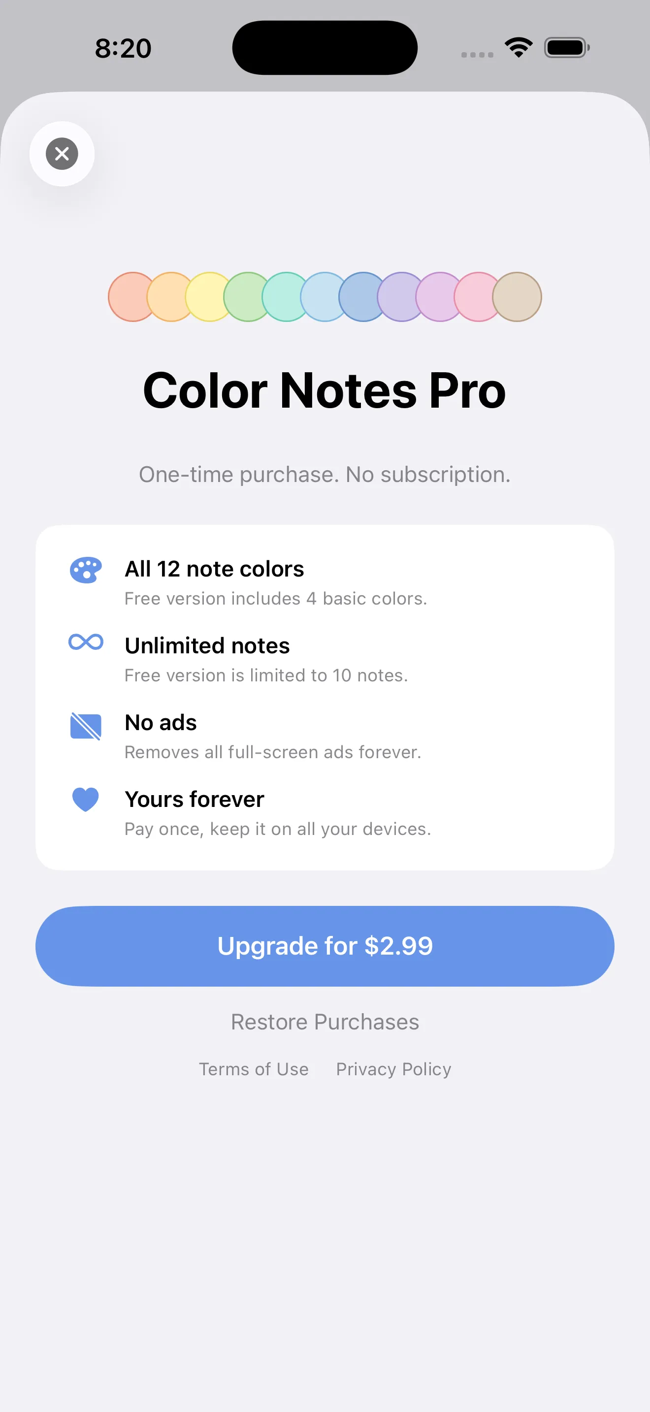 Color Notes Pro upgrade screen unlocking all 12 colors, unlimited notes and removing ads for a one-time $2.99