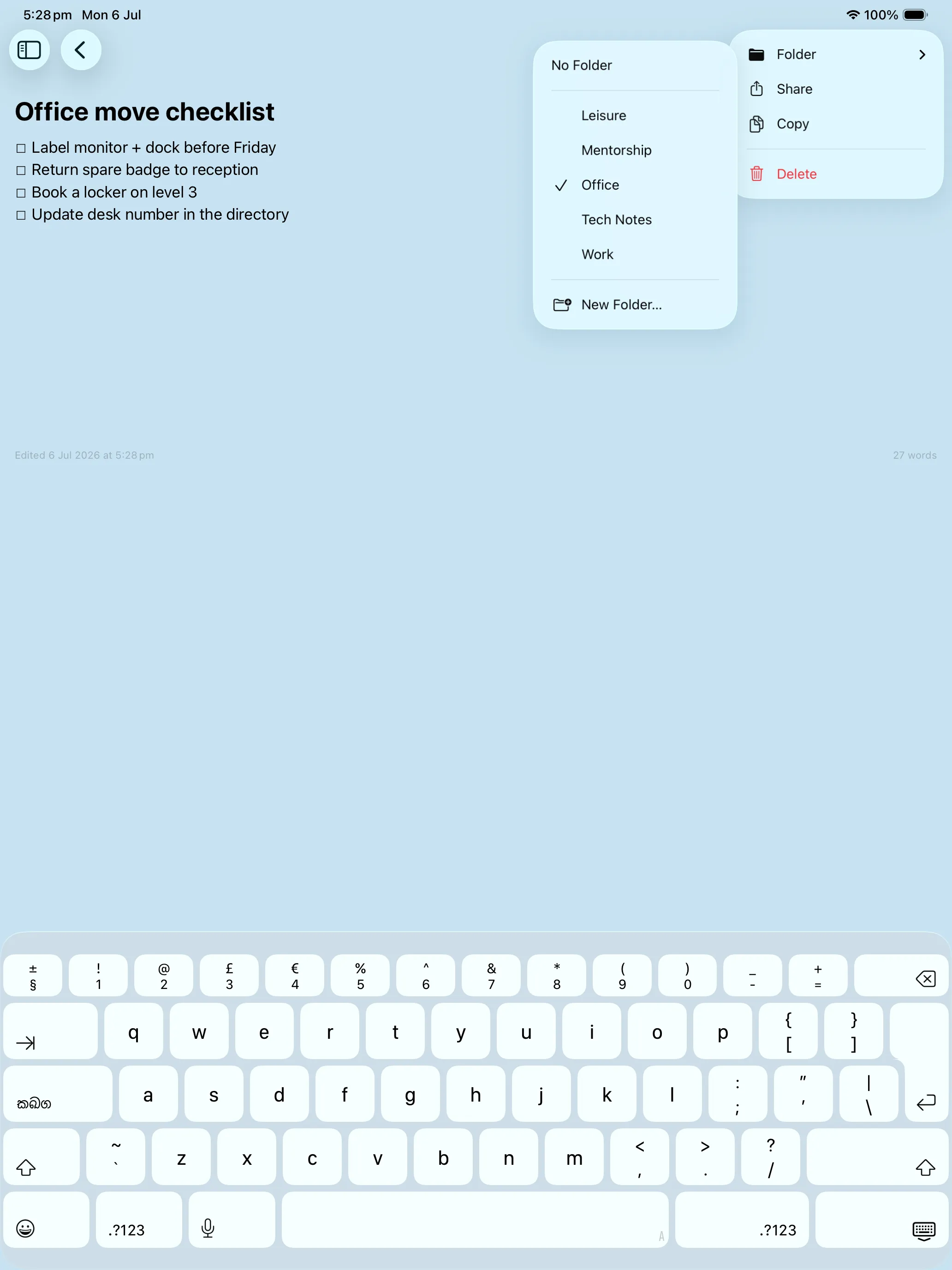 Color Notes on iPad showing the color and folder sidebar next to a colorful grid of notes