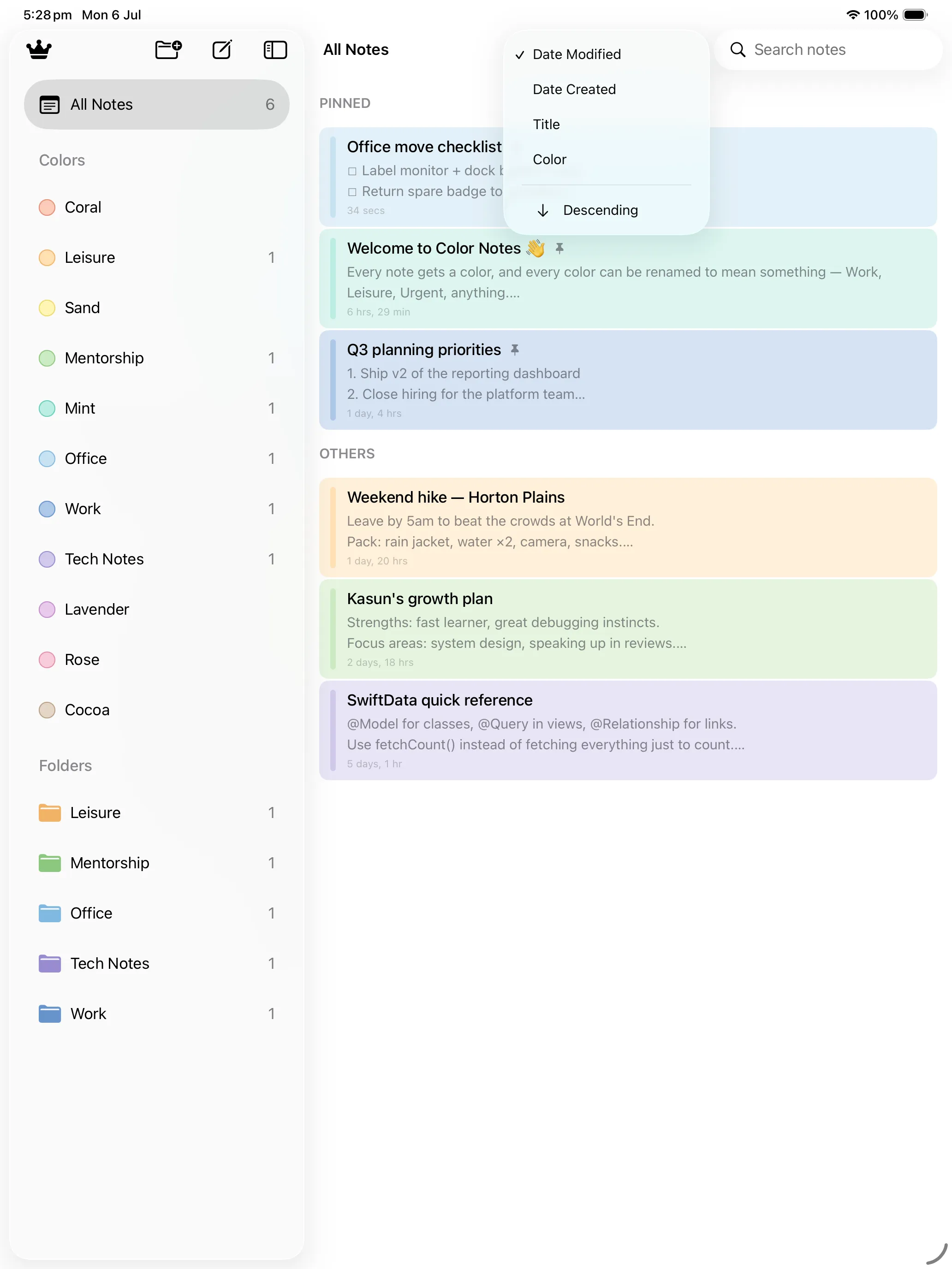 Color Notes on iPad in list view with pinned notes and the sidebar of colors and folders