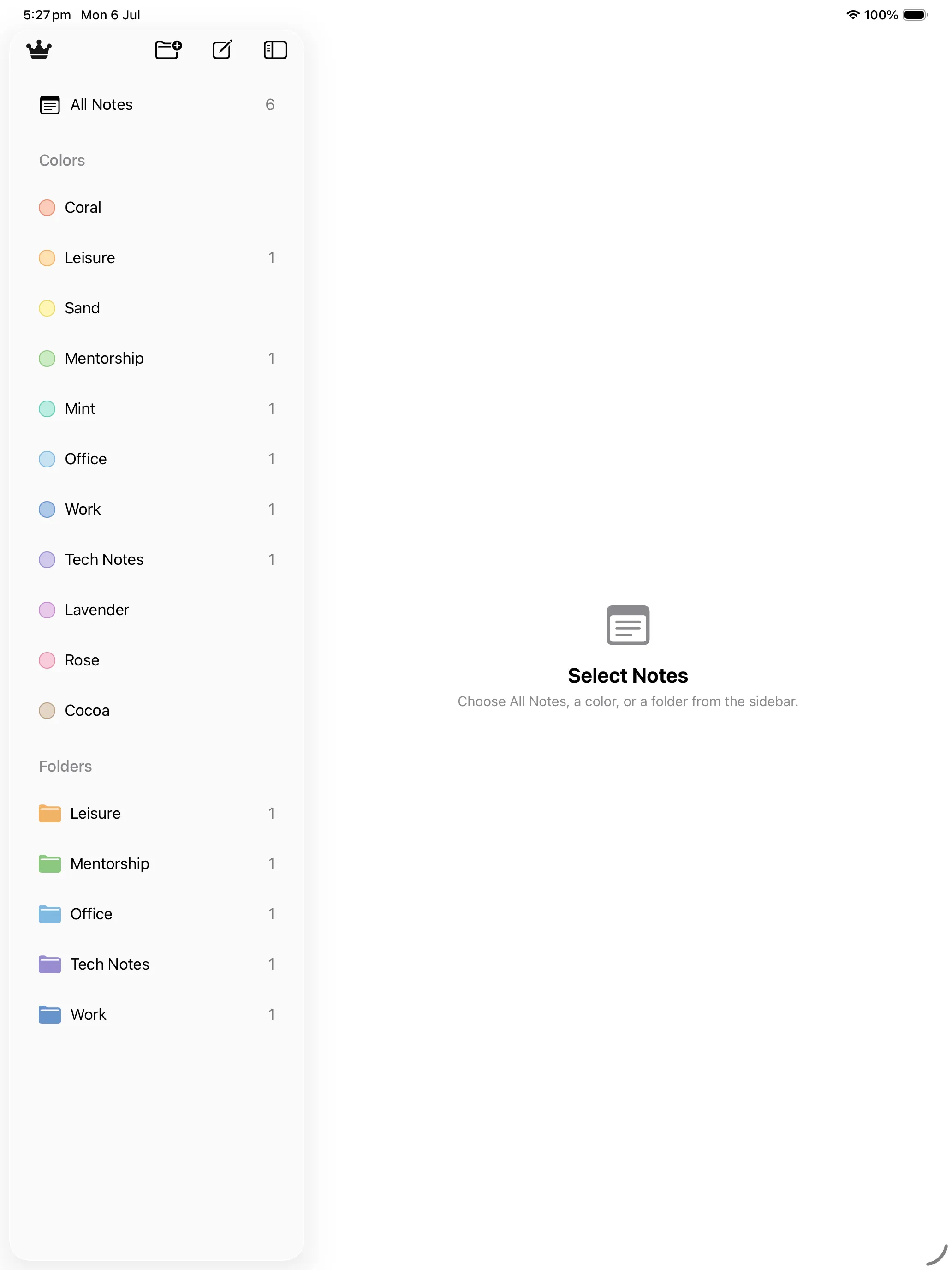 Color Notes iPad sidebar listing color categories and folders beside a Select Notes prompt