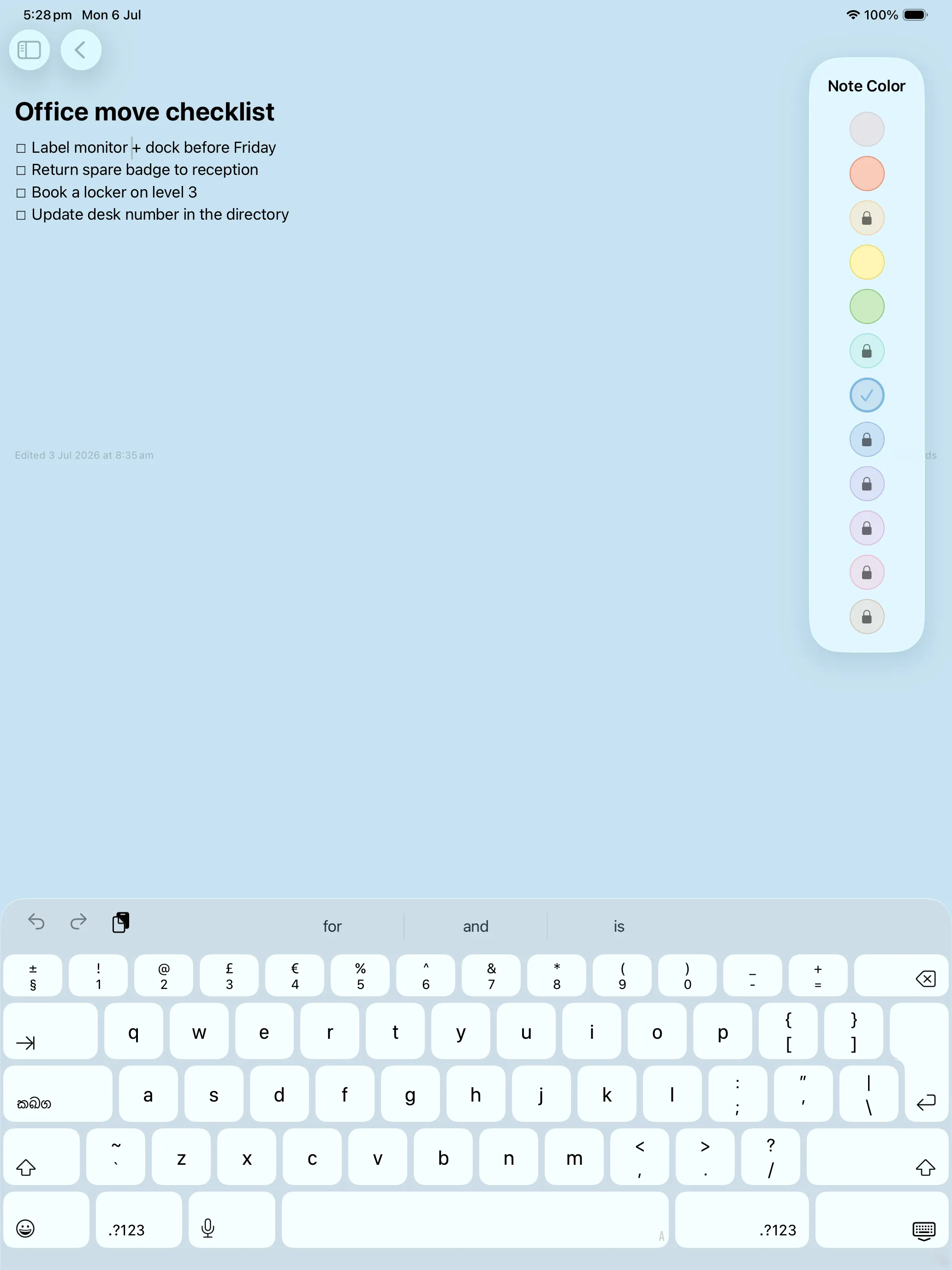 A note open on iPad with the Note Color picker showing the 12 pastel colors