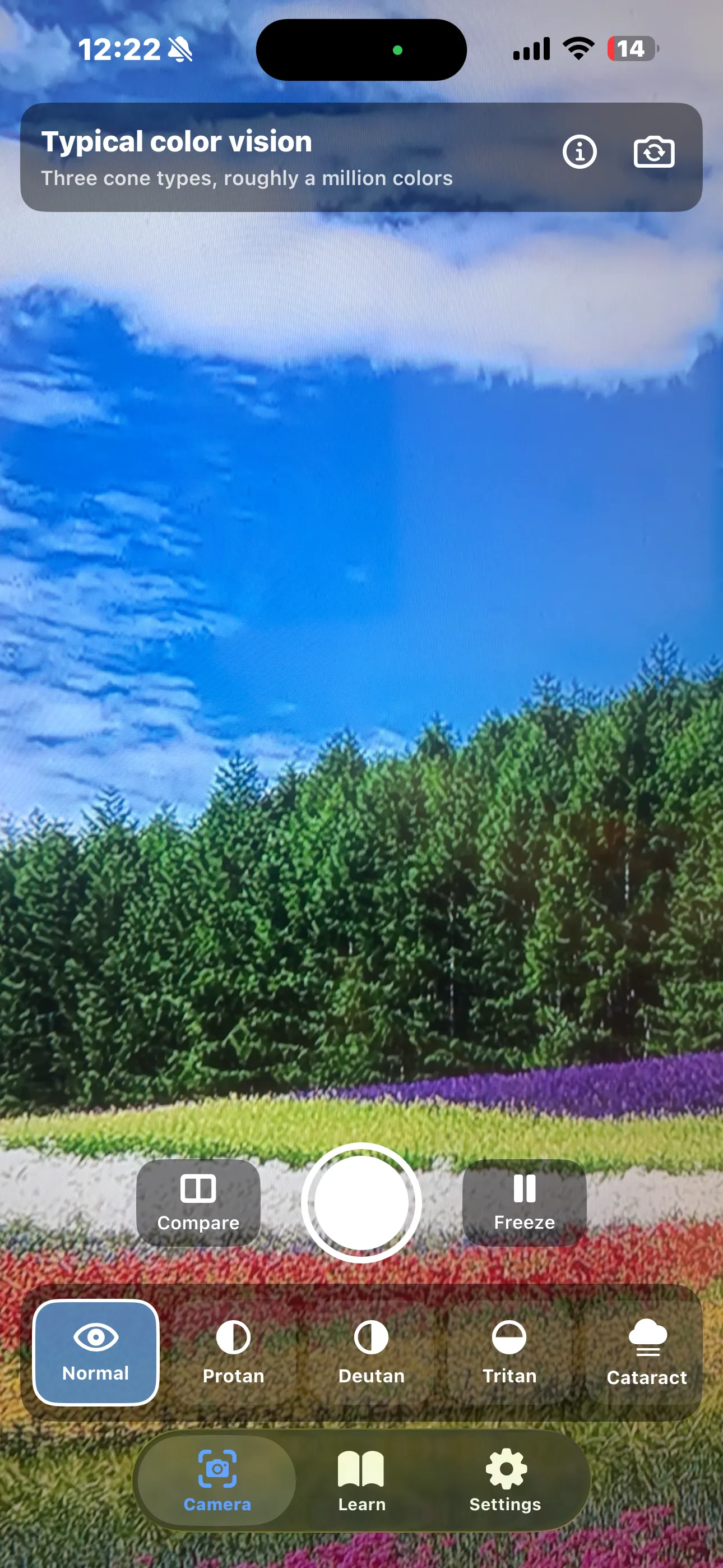 Camera tab showing Typical color vision — the untouched baseline, with the filter row and the Compare and Freeze controls