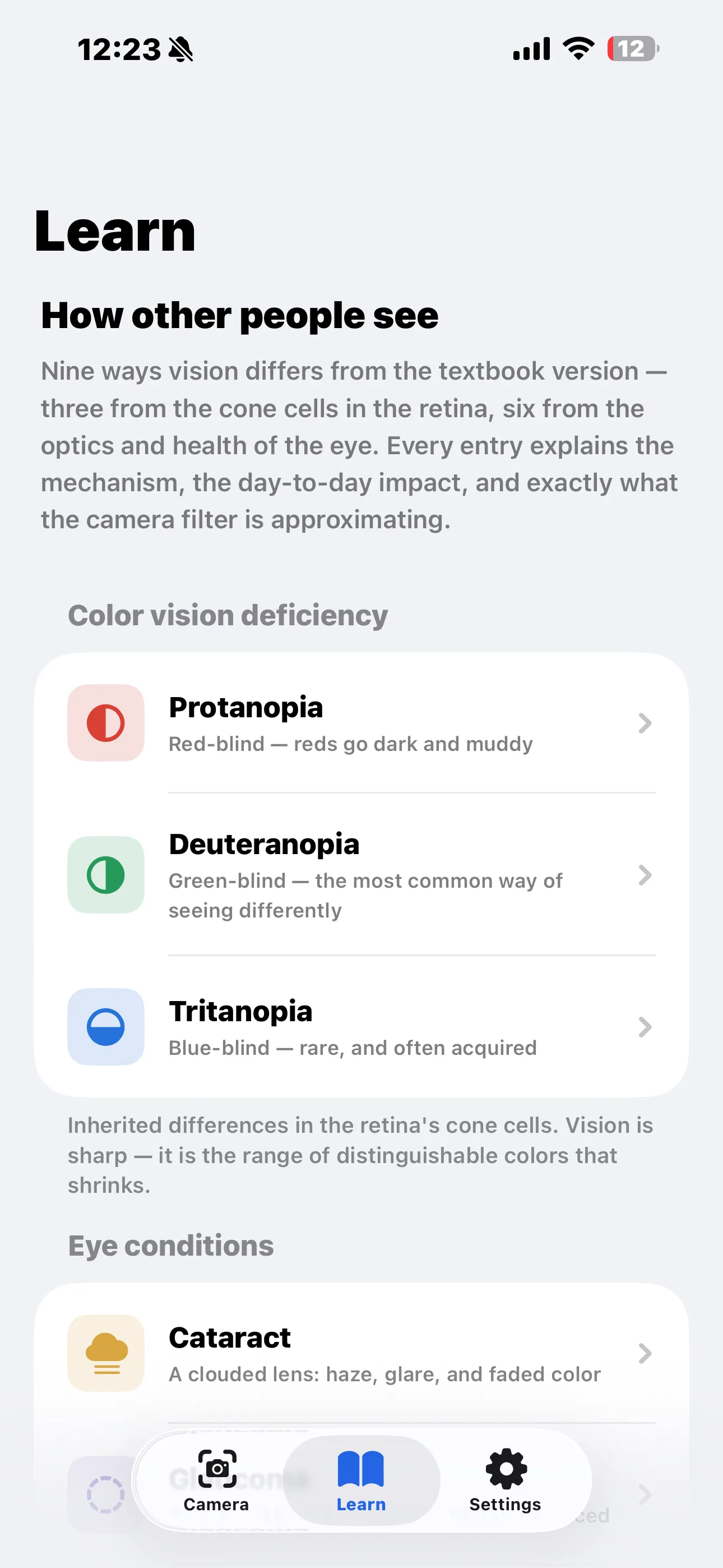 Learn tab listing the three colour vision deficiencies and the eye conditions, each with a one-line summary