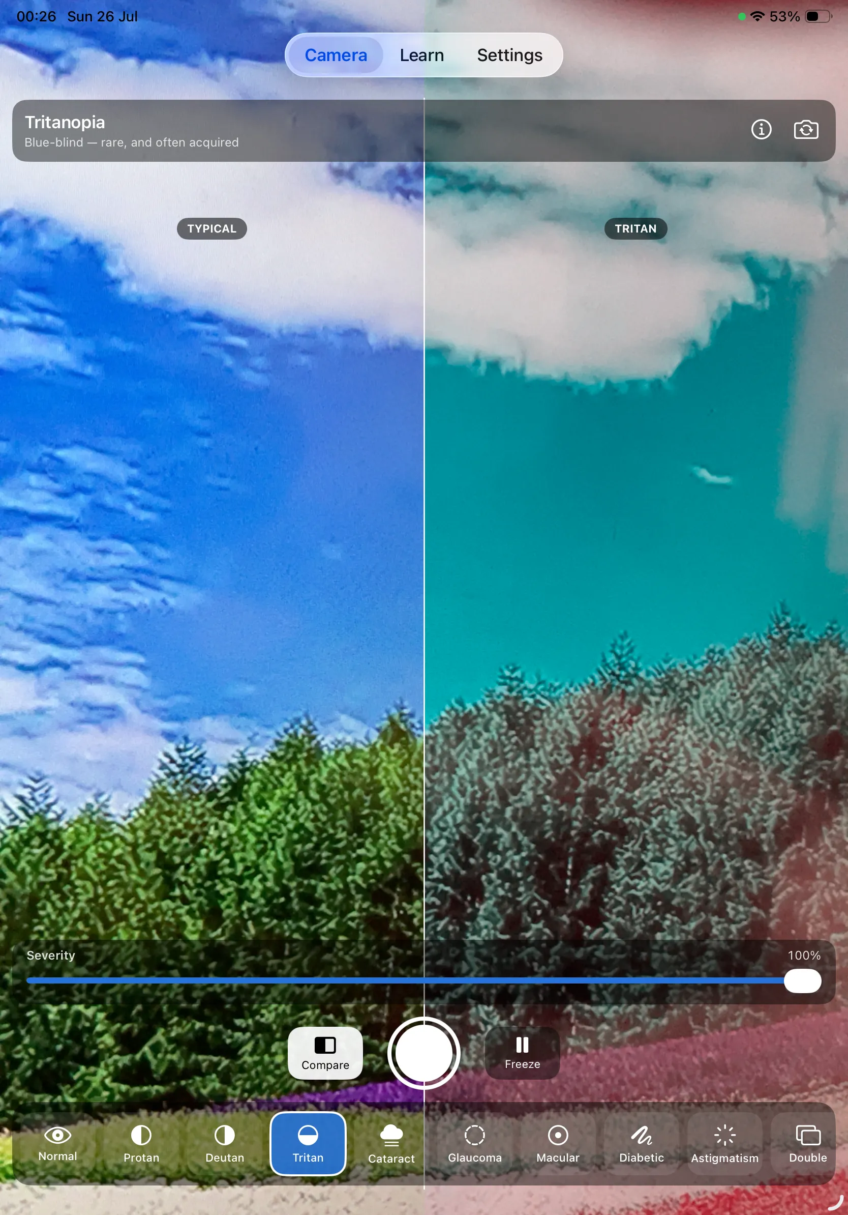 Color Blind Cam on iPad — tritanopia in compare mode, with the blue sky turning turquoise on the right
