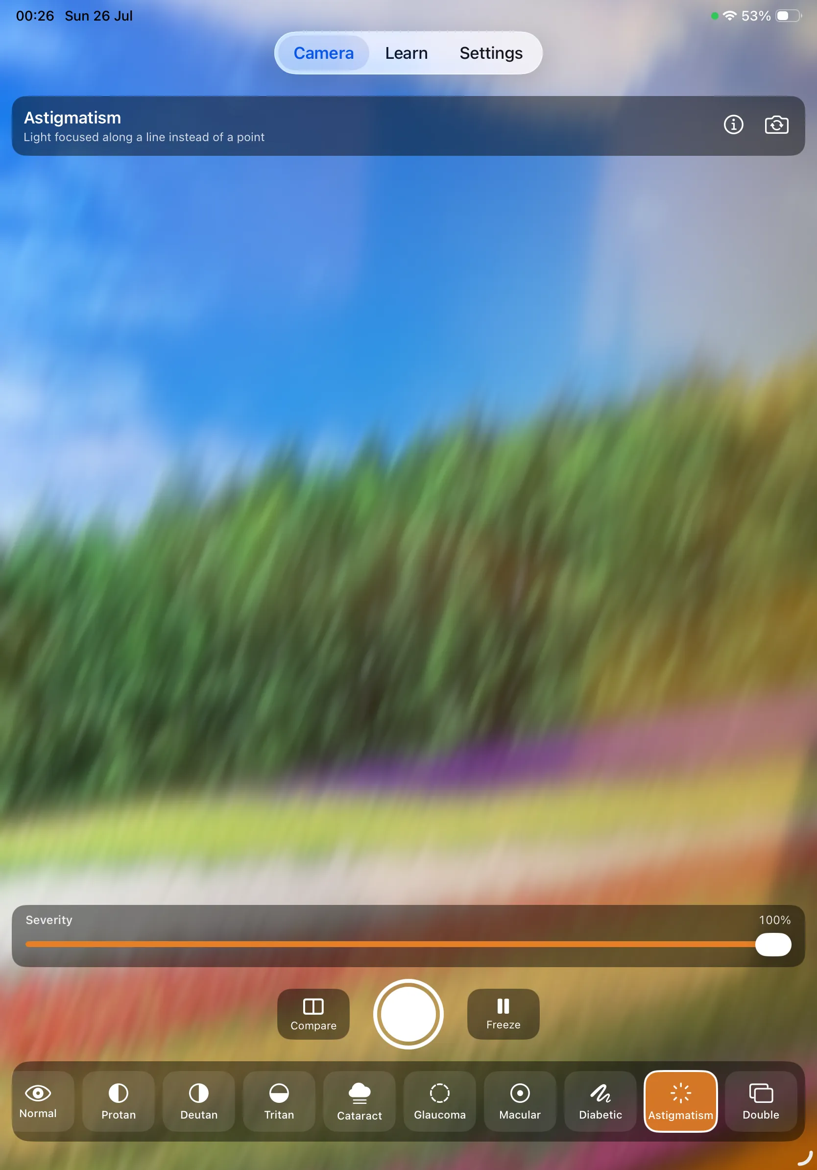 Color Blind Cam on iPad — astigmatism smearing the scene along a single axis