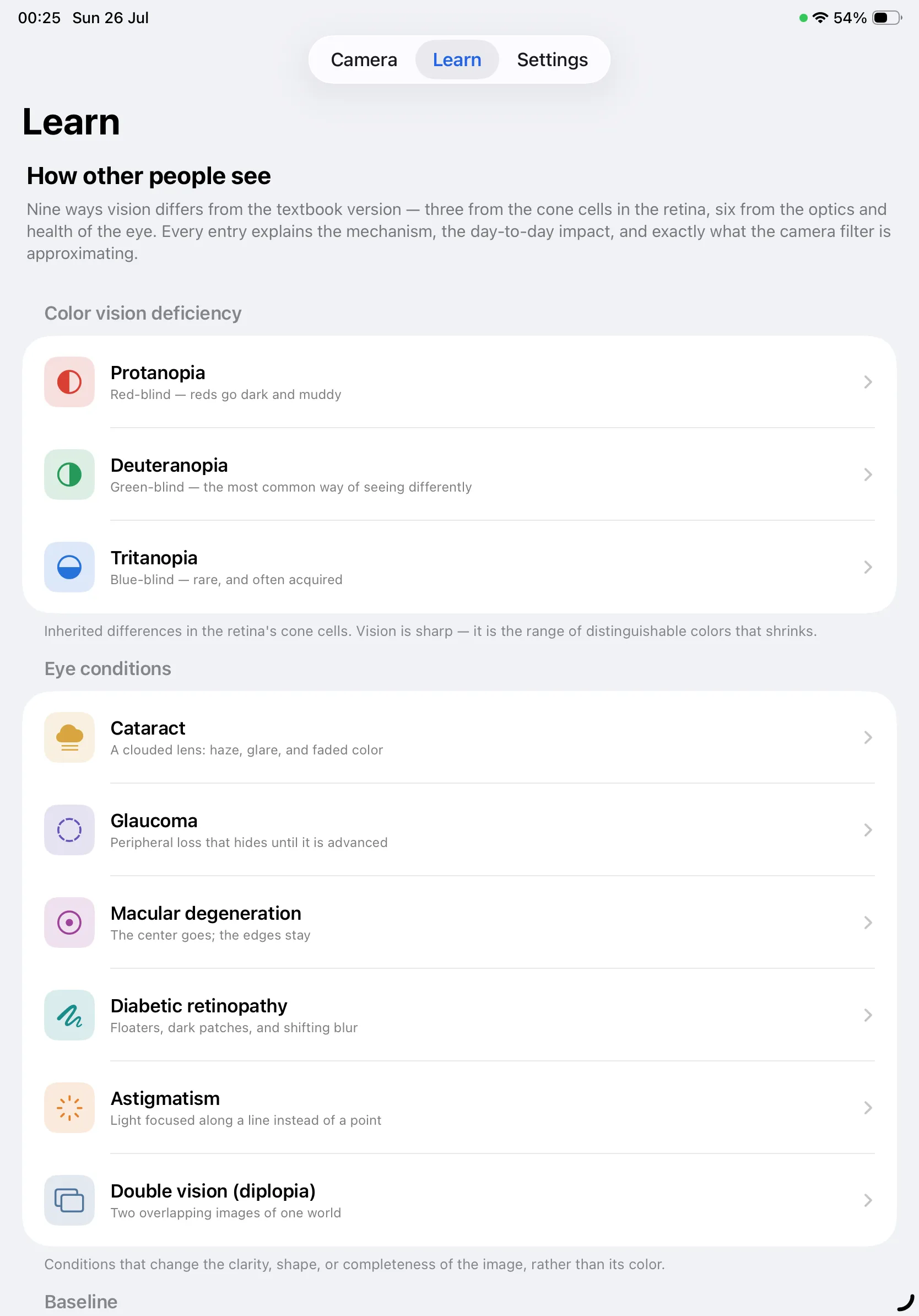 Color Blind Cam on iPad — the Learn tab with all nine conditions grouped into colour vision deficiency, eye conditions and baseline