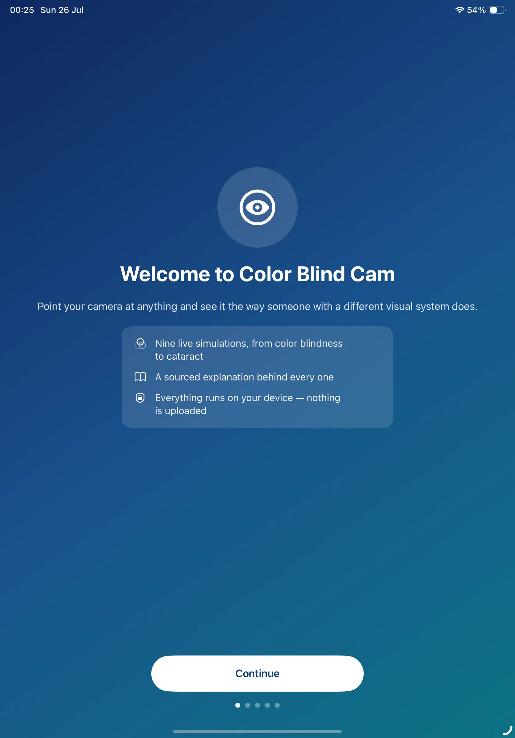 Color Blind Cam on iPad — the welcome screen of the first-launch introduction