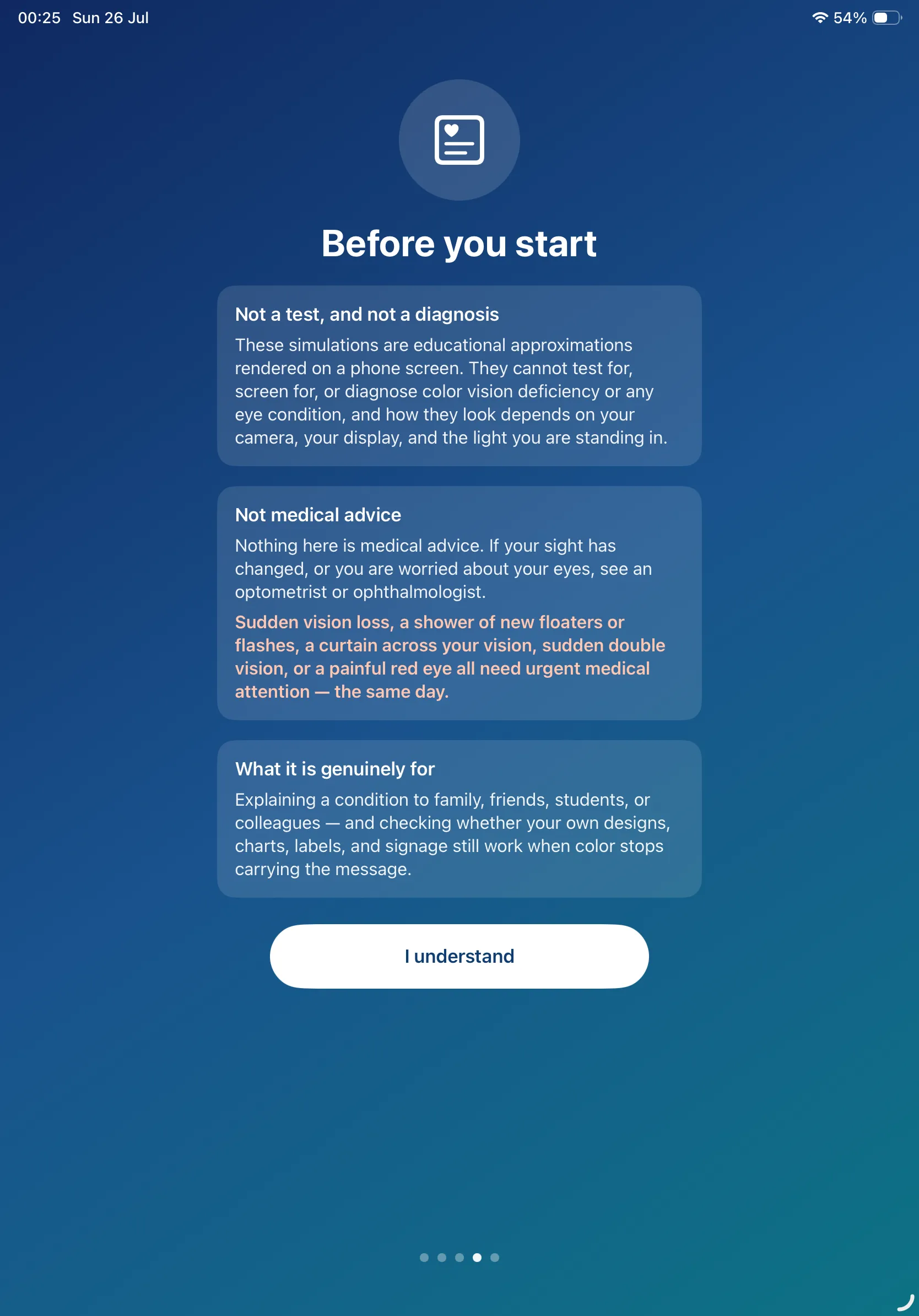 Color Blind Cam on iPad — the Before you start notice, with the not-a-diagnosis and urgent-symptoms warnings