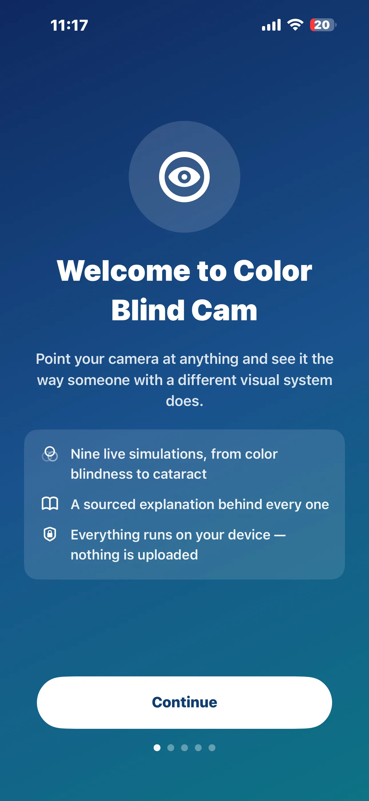 Welcome to Color Blind Cam — nine live simulations, a sourced explanation behind every one, and everything running on your device