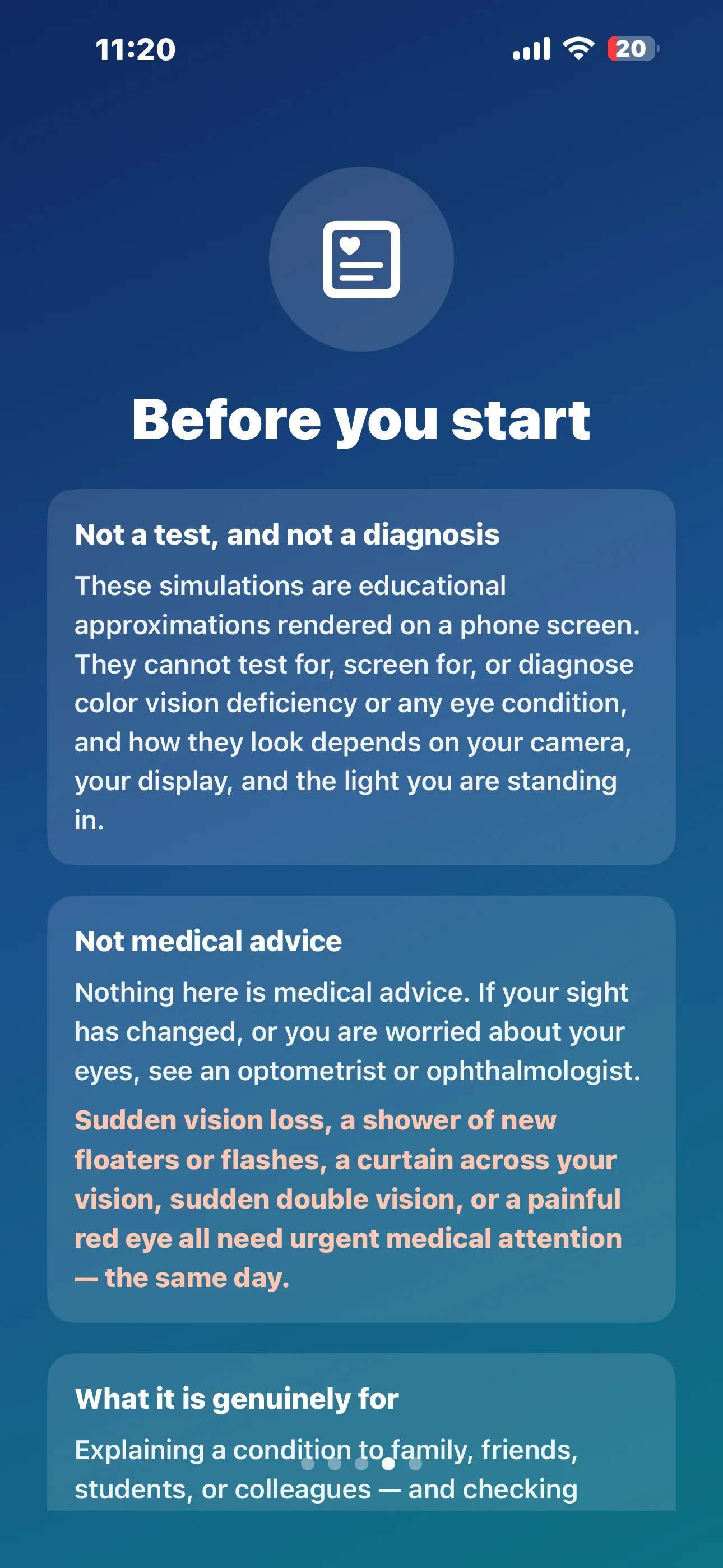 Before you start — not a test and not a diagnosis, not medical advice, and what the app is genuinely for
