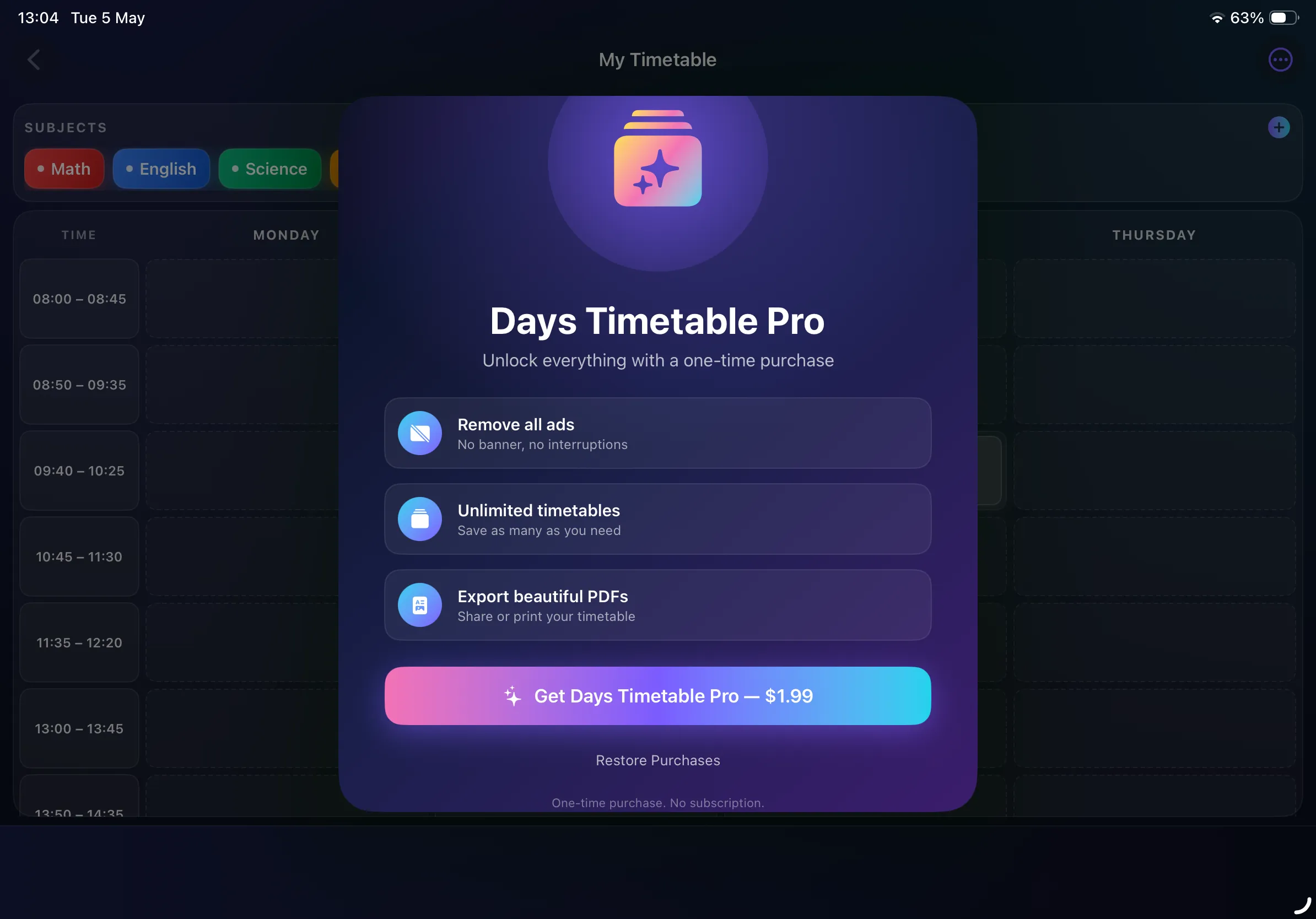 Days Timetable Pro paywall on iPad showing 1.99 unlock