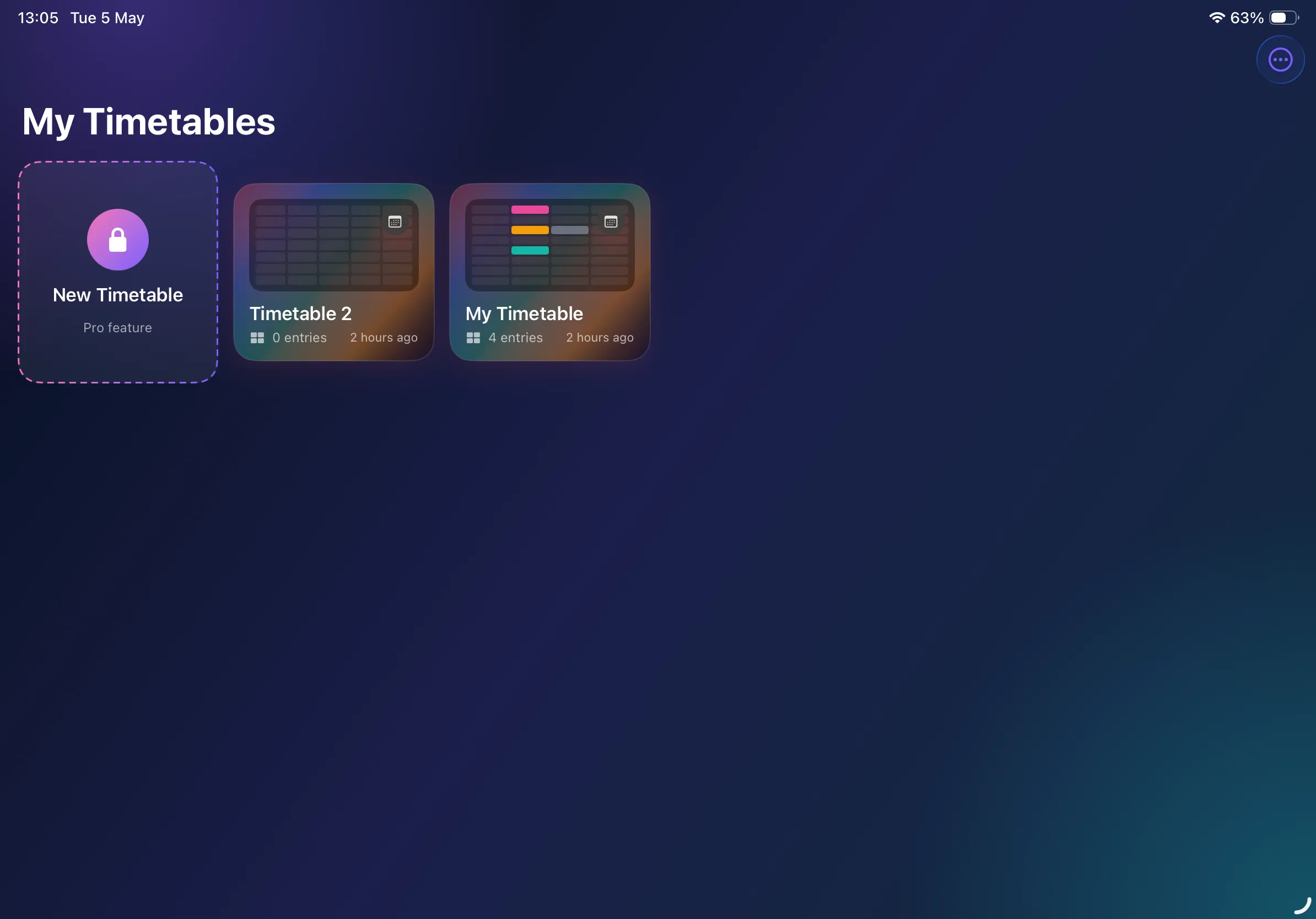 My Timetables home screen on iPad with multiple saved timetables