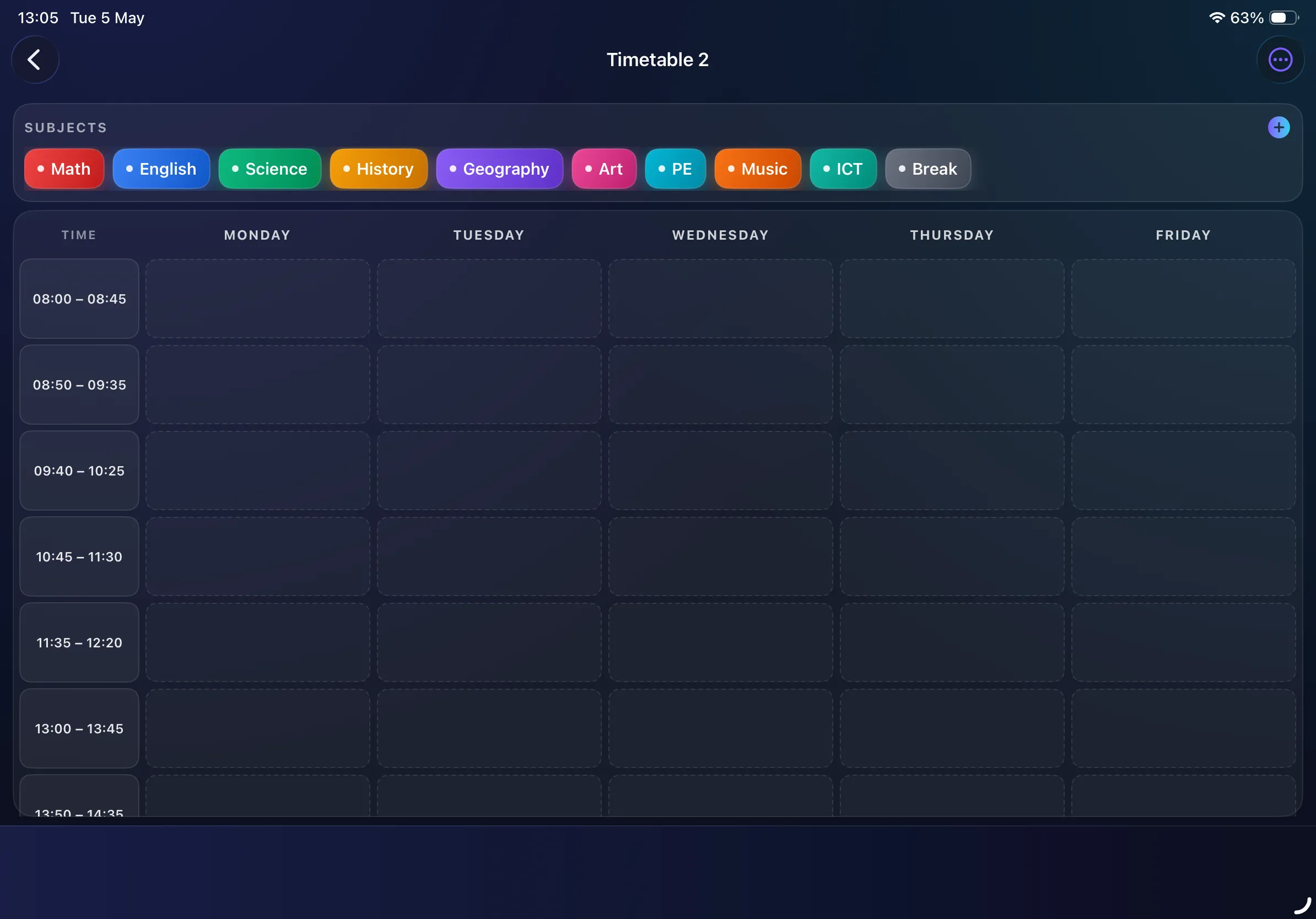 Empty timetable grid on iPad with subject palette ready to drag