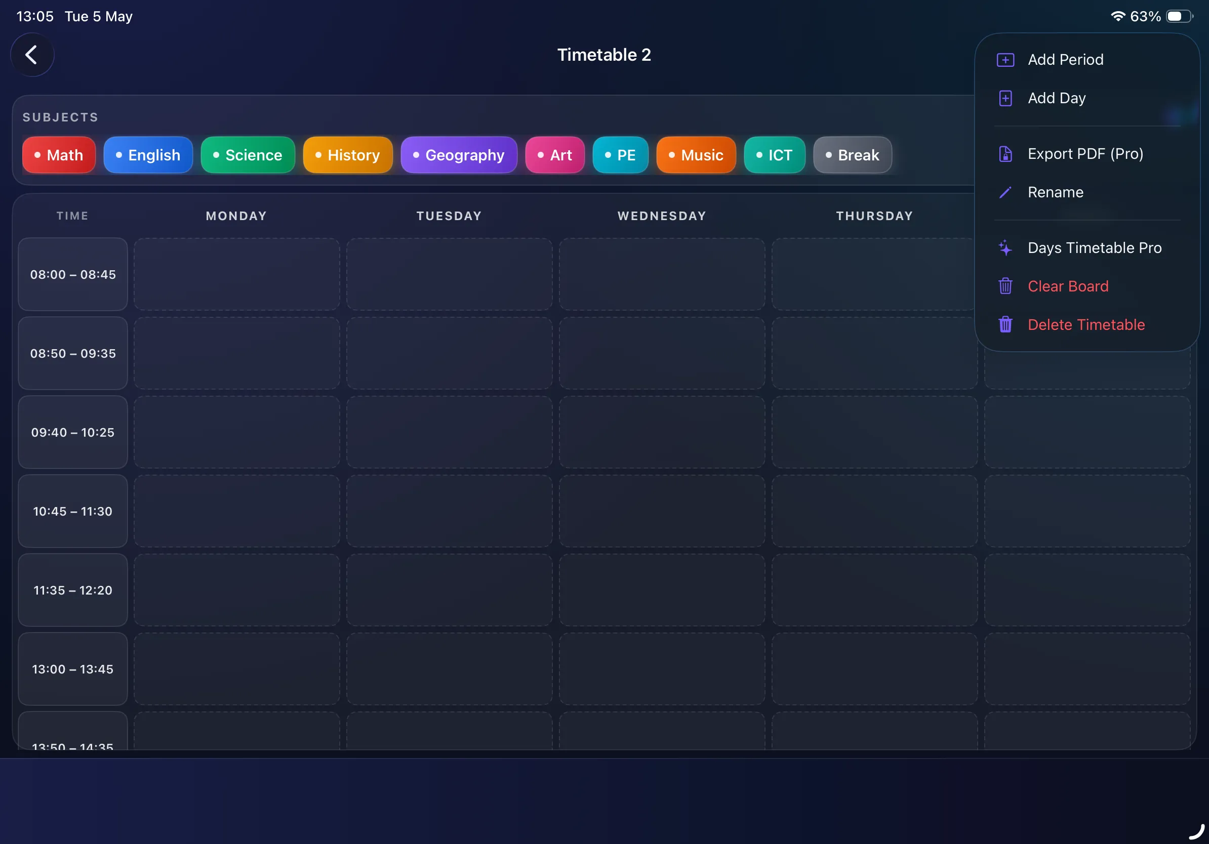 Timetable options menu on iPad: Add Period, Add Day, Export PDF, Rename, Clear, Delete