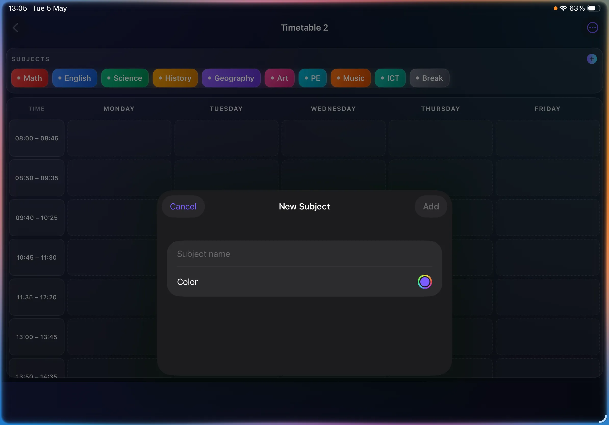 New Subject dialog on iPad with colour picker