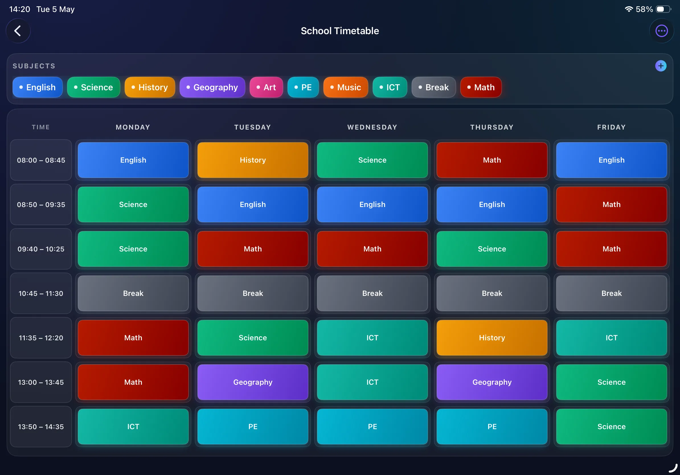 Days Timetable on iPad showing a fully filled colour-coded weekly school schedule