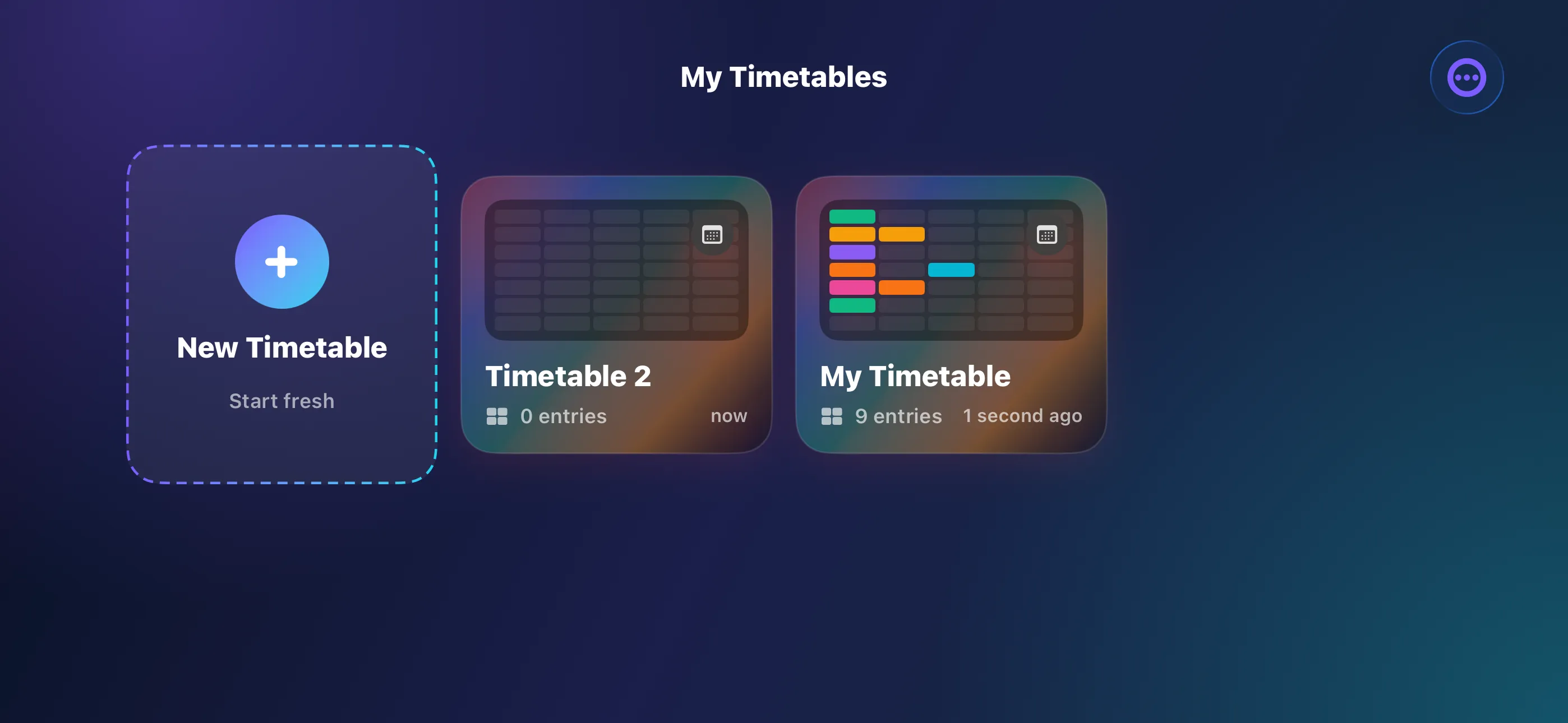 My Timetables home view on iPhone landscape with multiple saved timetables