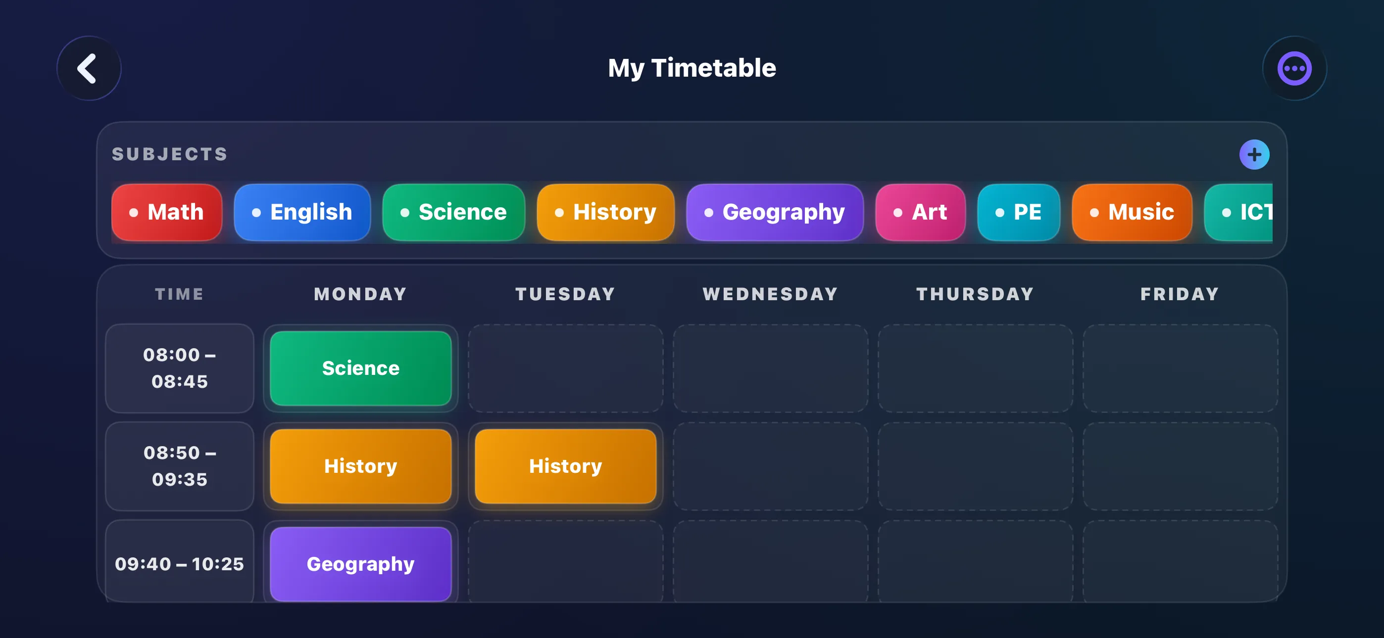 Editing a timetable on iPhone landscape with subject palette