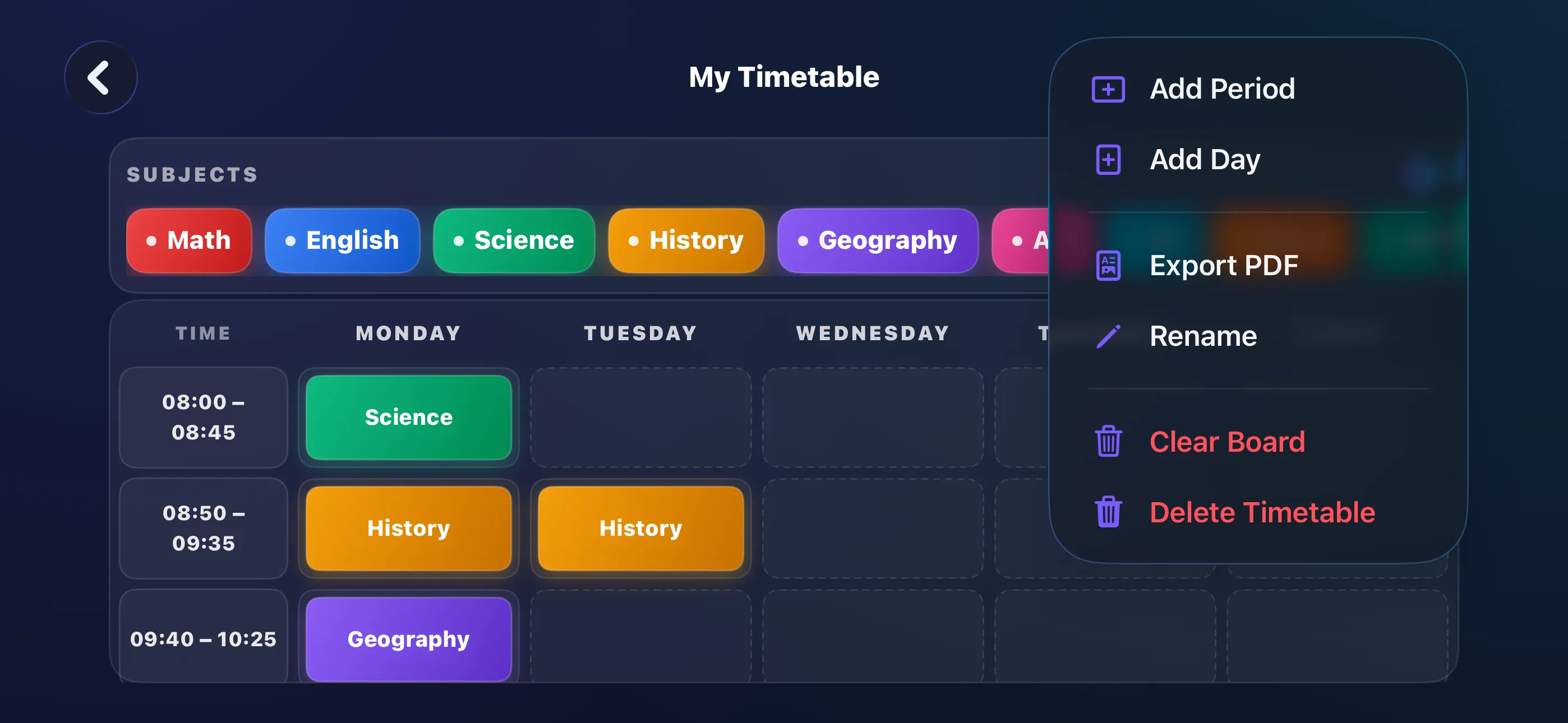Options menu on iPhone landscape with Add Period, Add Day, Export PDF, Rename
