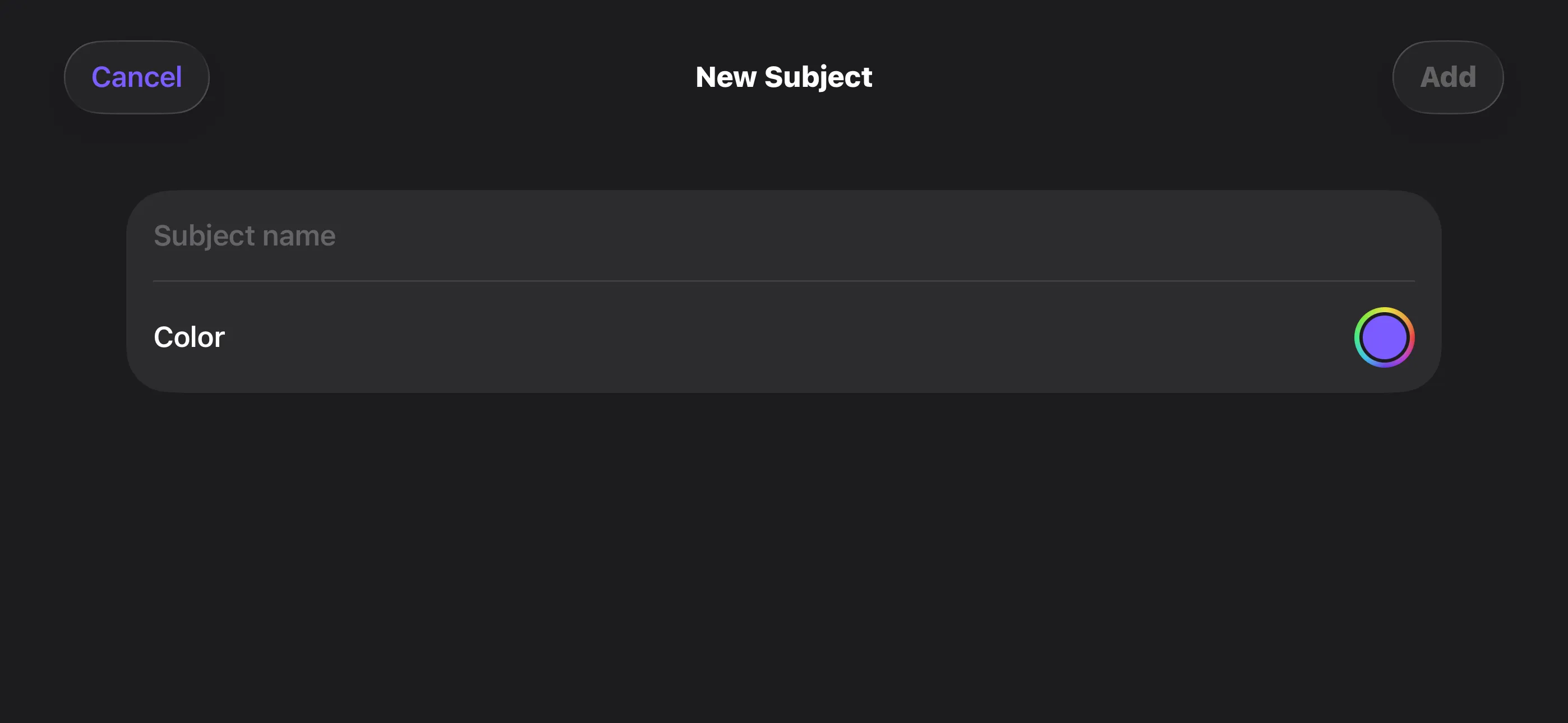 New Subject dialog on iPhone landscape
