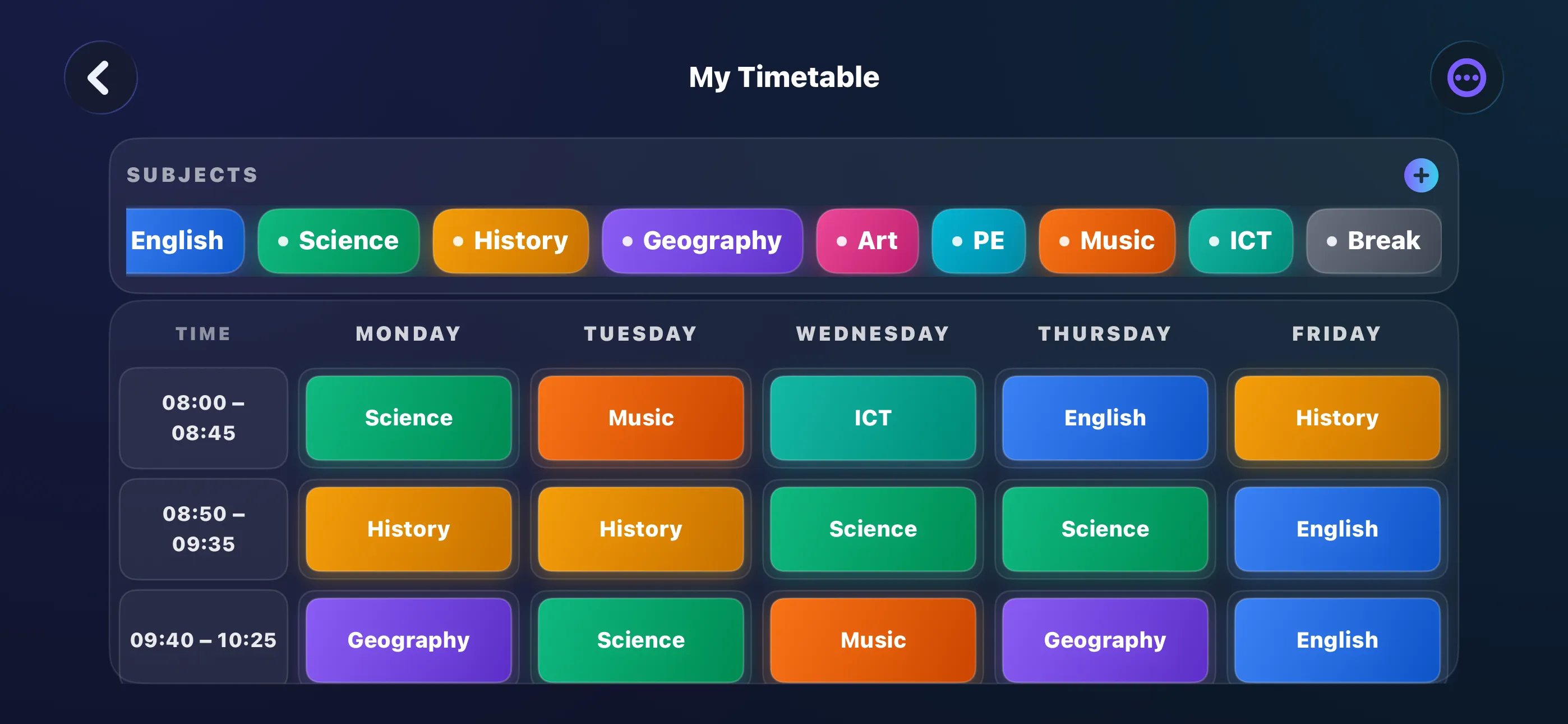 Days Timetable on iPhone landscape with a filled colourful weekly schedule