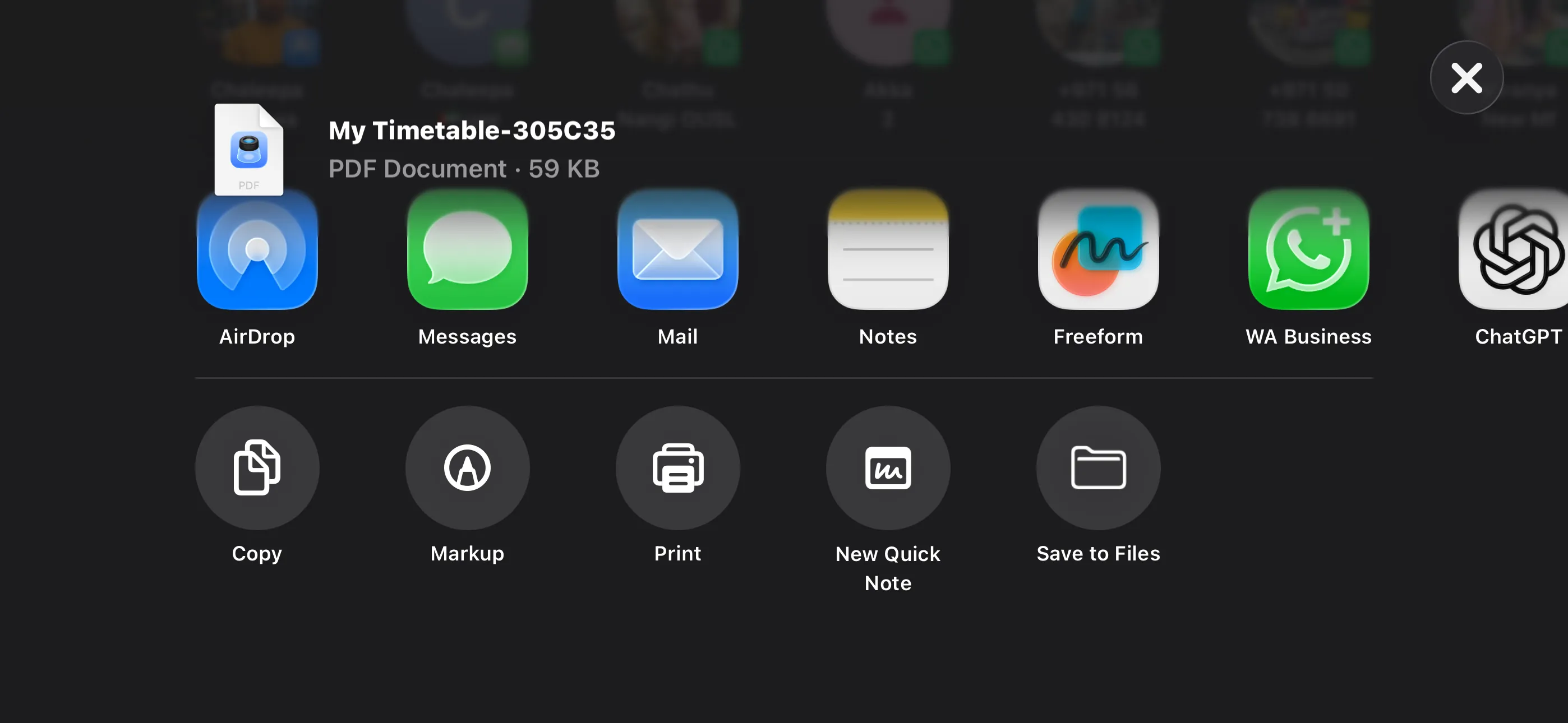 iPhone share sheet exporting the timetable as a PDF