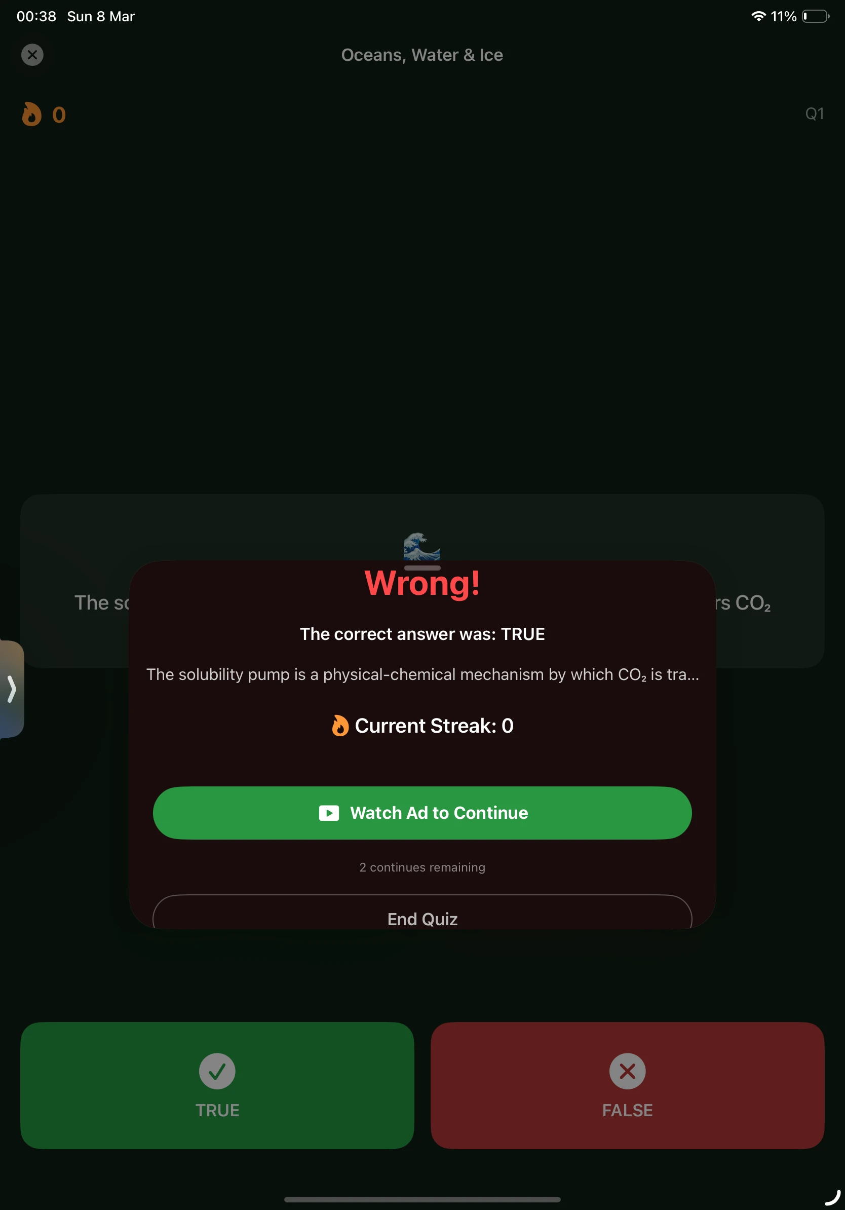 iPad - Wrong Answer & Watch Ad to Continue