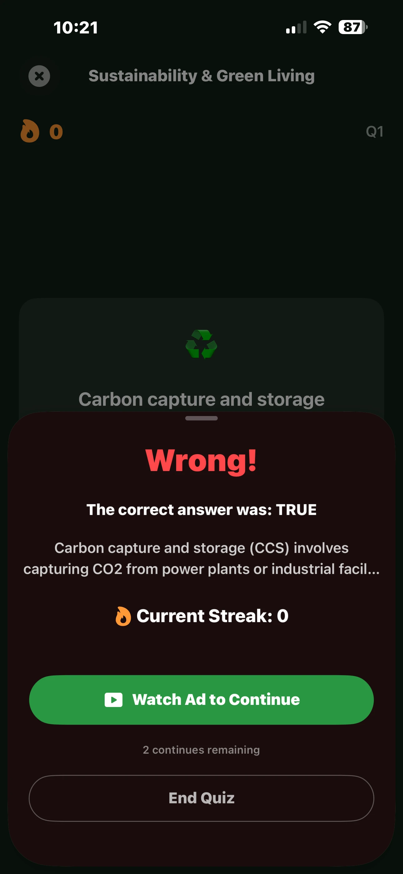 iPhone - Wrong Answer & Watch Ad to Continue