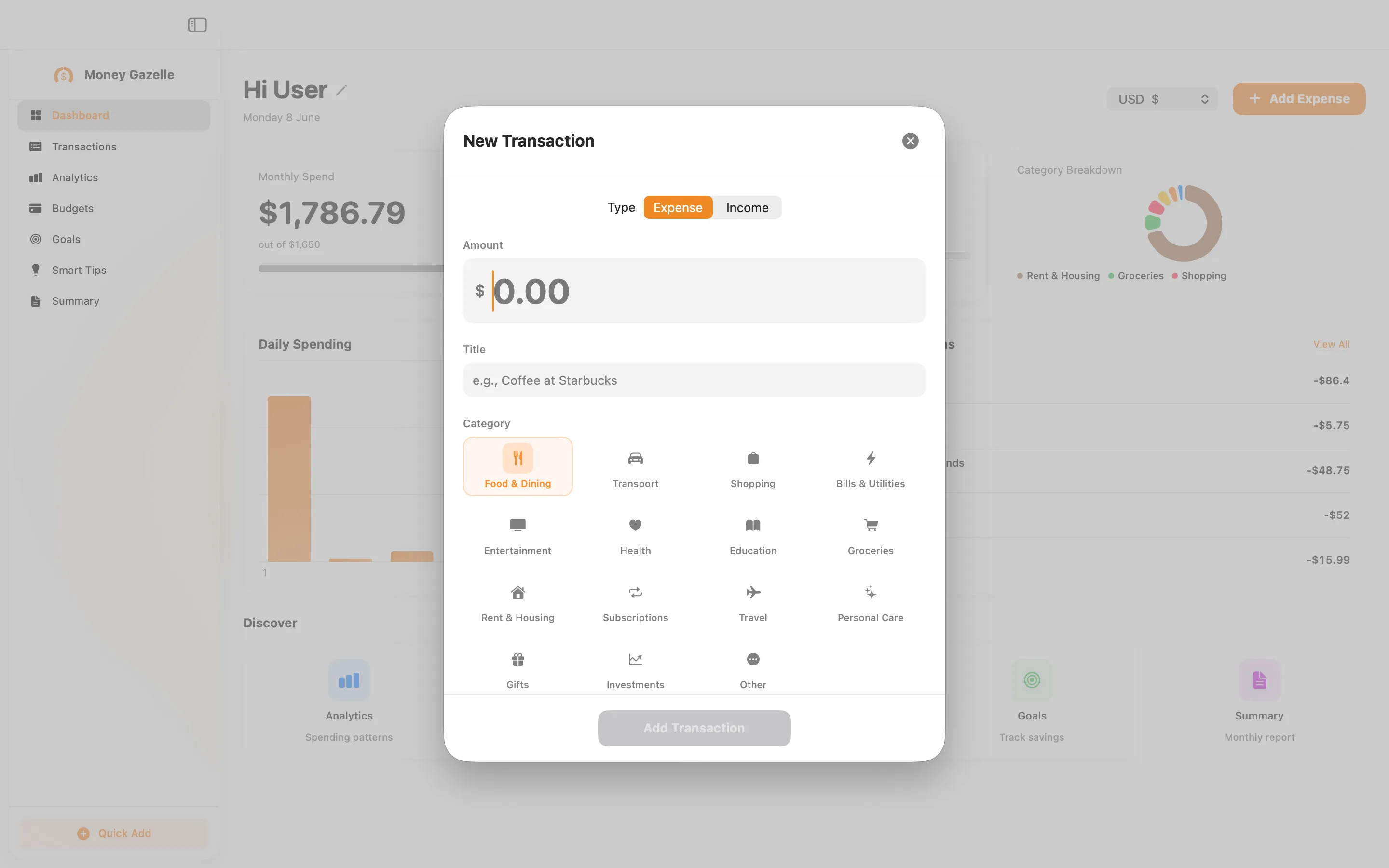 New Transaction sheet for adding an expense or income with amount, title, and a grid of categories