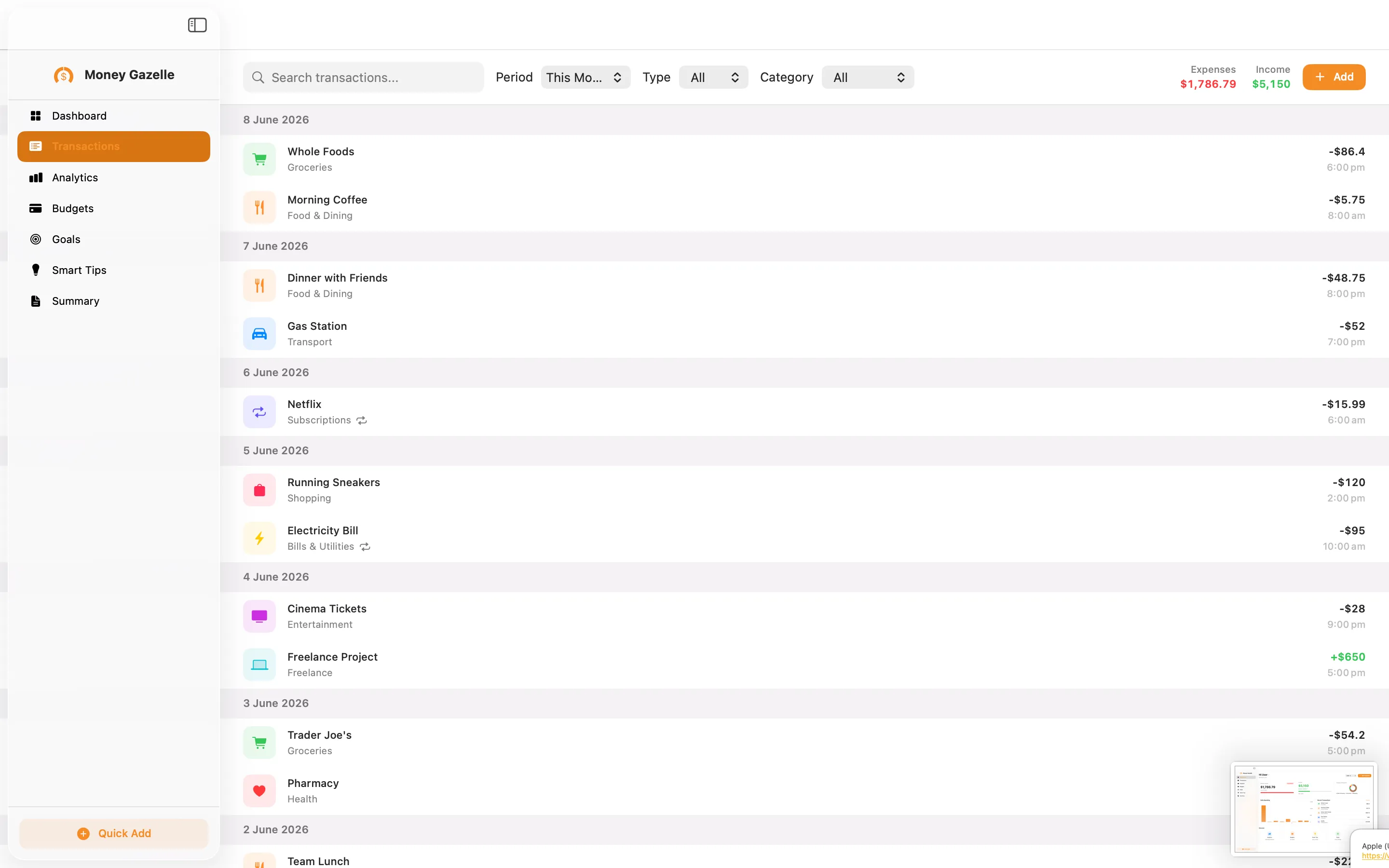 Transactions list grouped by date with search and period, type, and category filters