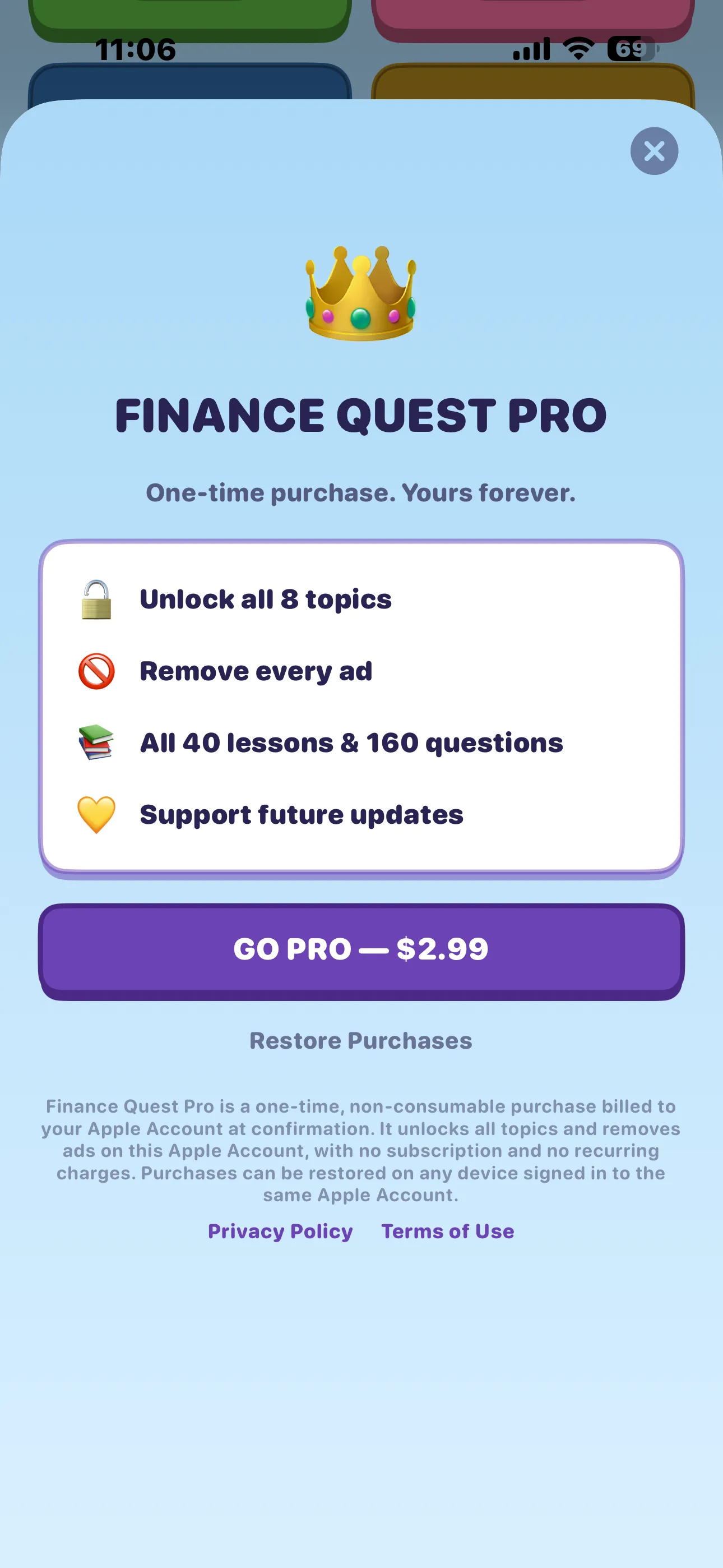 Finance Quest Pro — a one-time $2.99 purchase that unlocks all 8 topics and removes every ad
