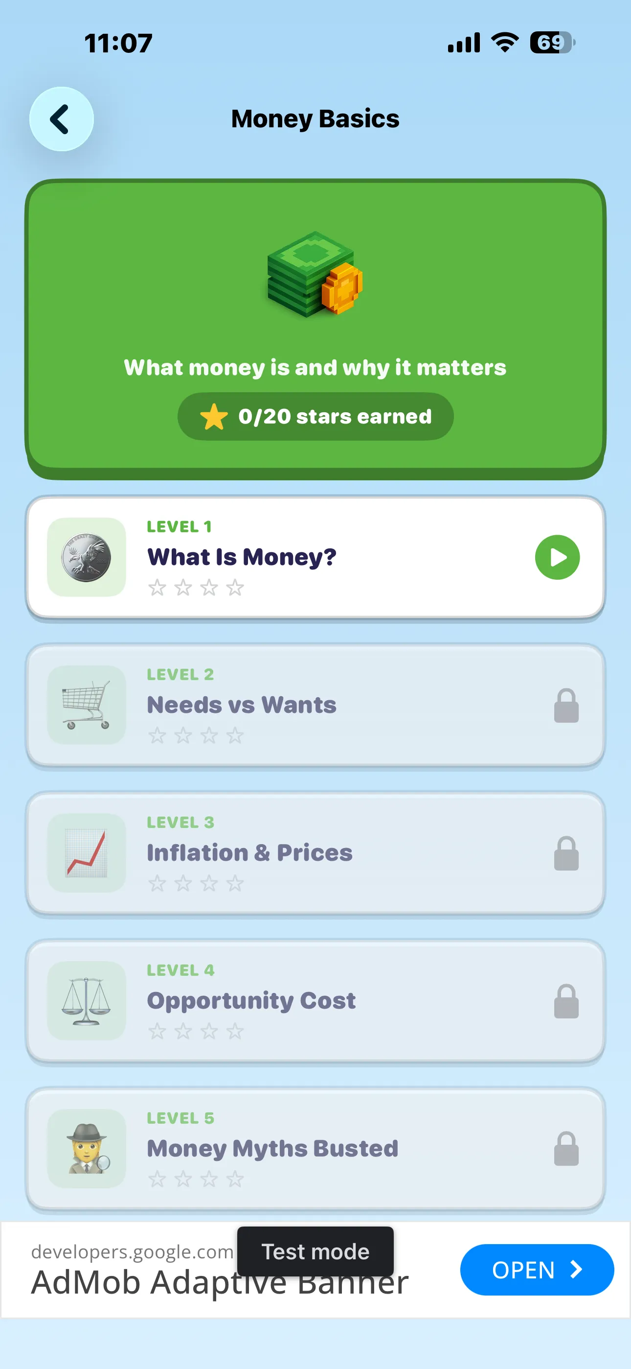 Money Basics topic with five levels — What Is Money, Needs vs Wants, Inflation, Opportunity Cost and Money Myths