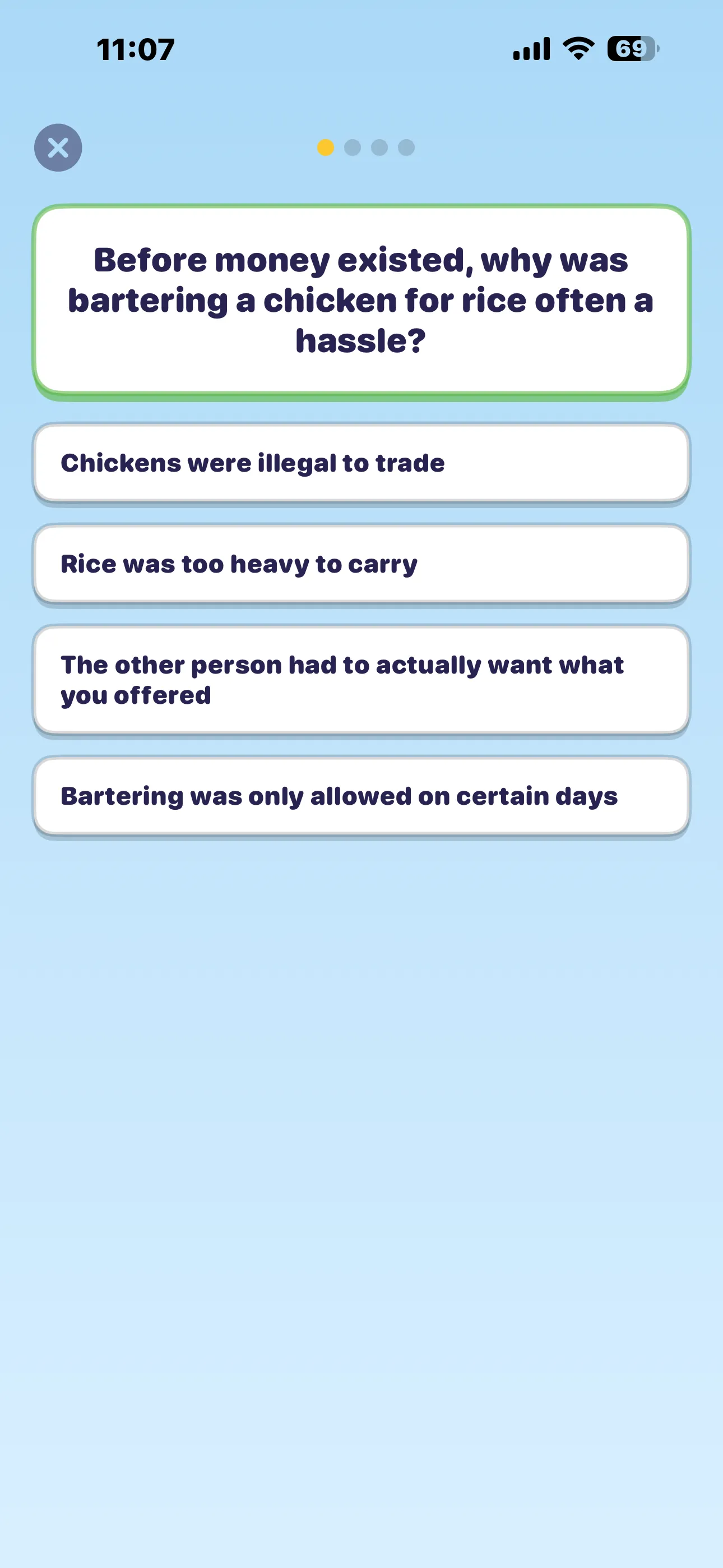 A four-question quiz asking why bartering a chicken for rice was often a hassle