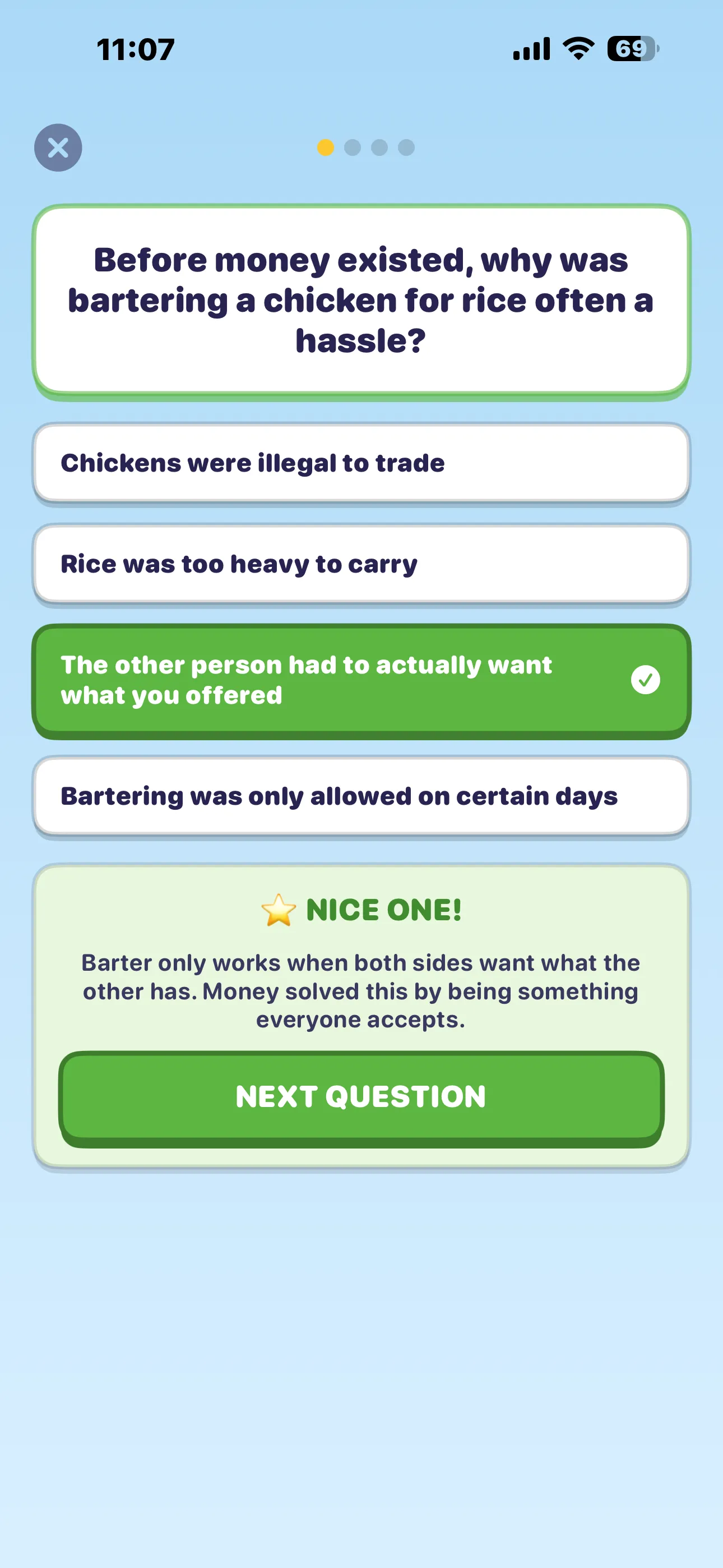 Correct answer with a Nice One! explanation and a Next Question button