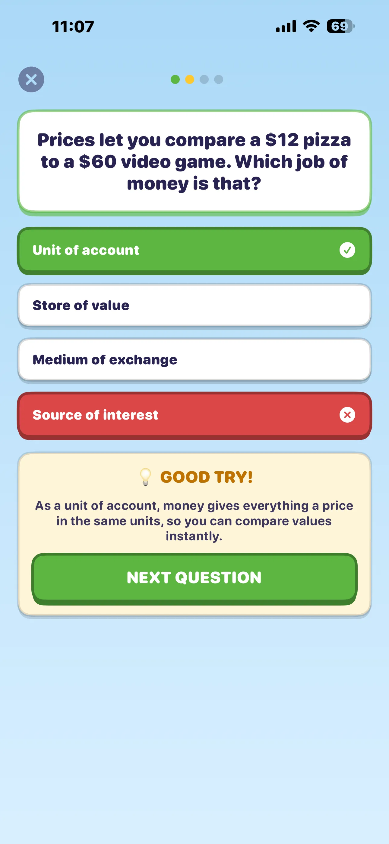 A Good Try! screen explaining the right answer after a wrong pick