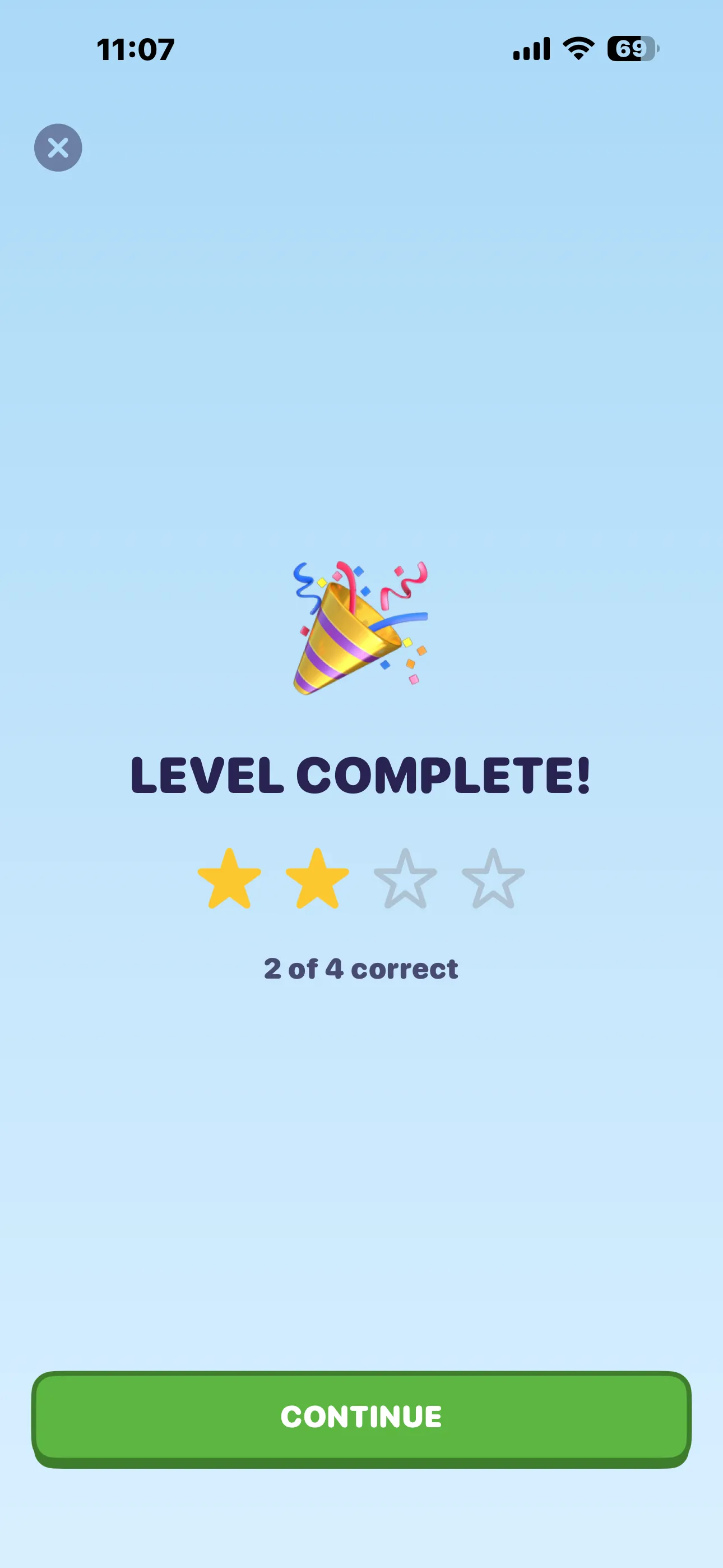 Level Complete screen with confetti, two stars earned and 2 of 4 correct