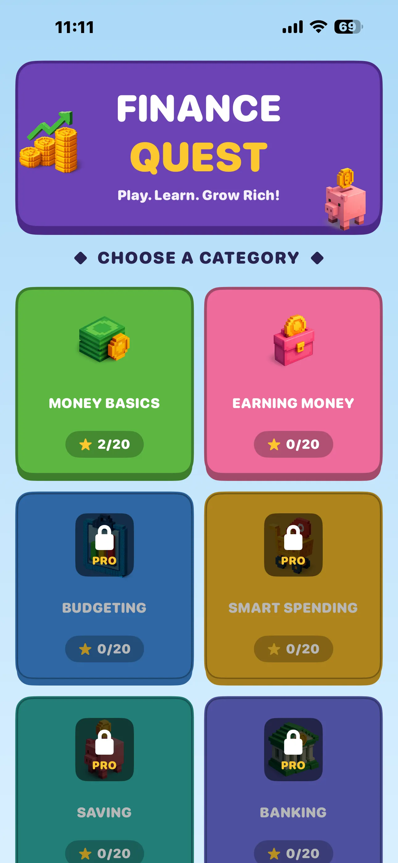 Finance Quest home screen — Choose a Category with Money Basics and Earning Money free to play