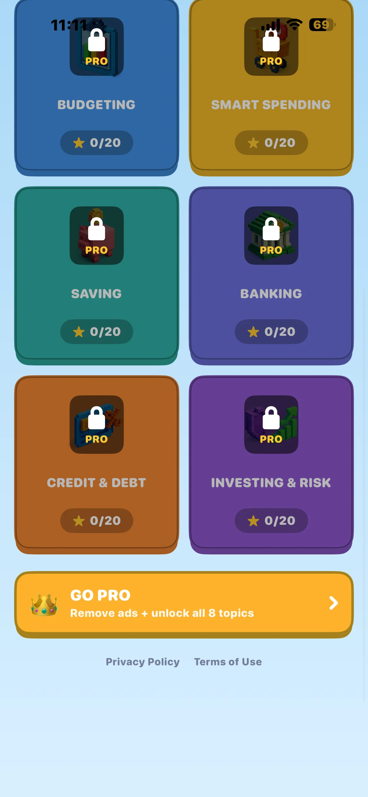 Home screen showing the Pro topics and a Go Pro button to remove ads and unlock all 8 topics