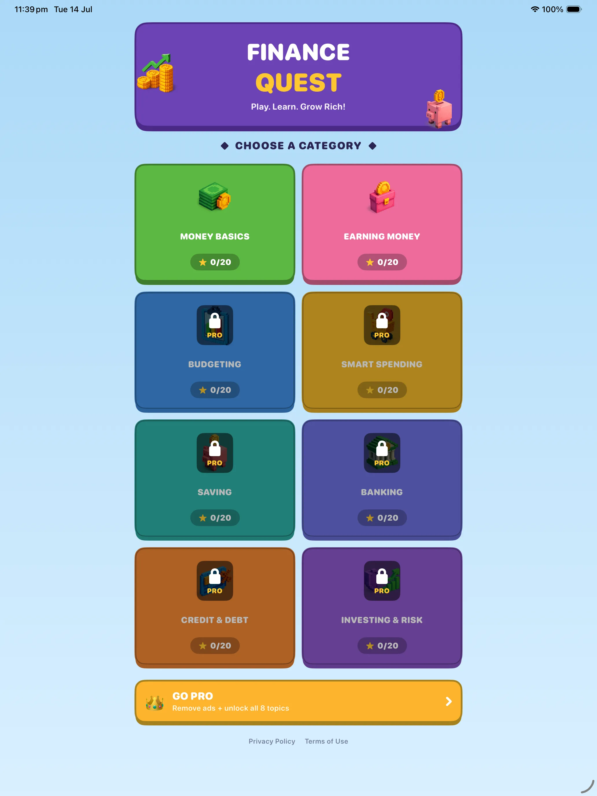 Finance Quest home screen on iPad with all eight colourful topic tiles