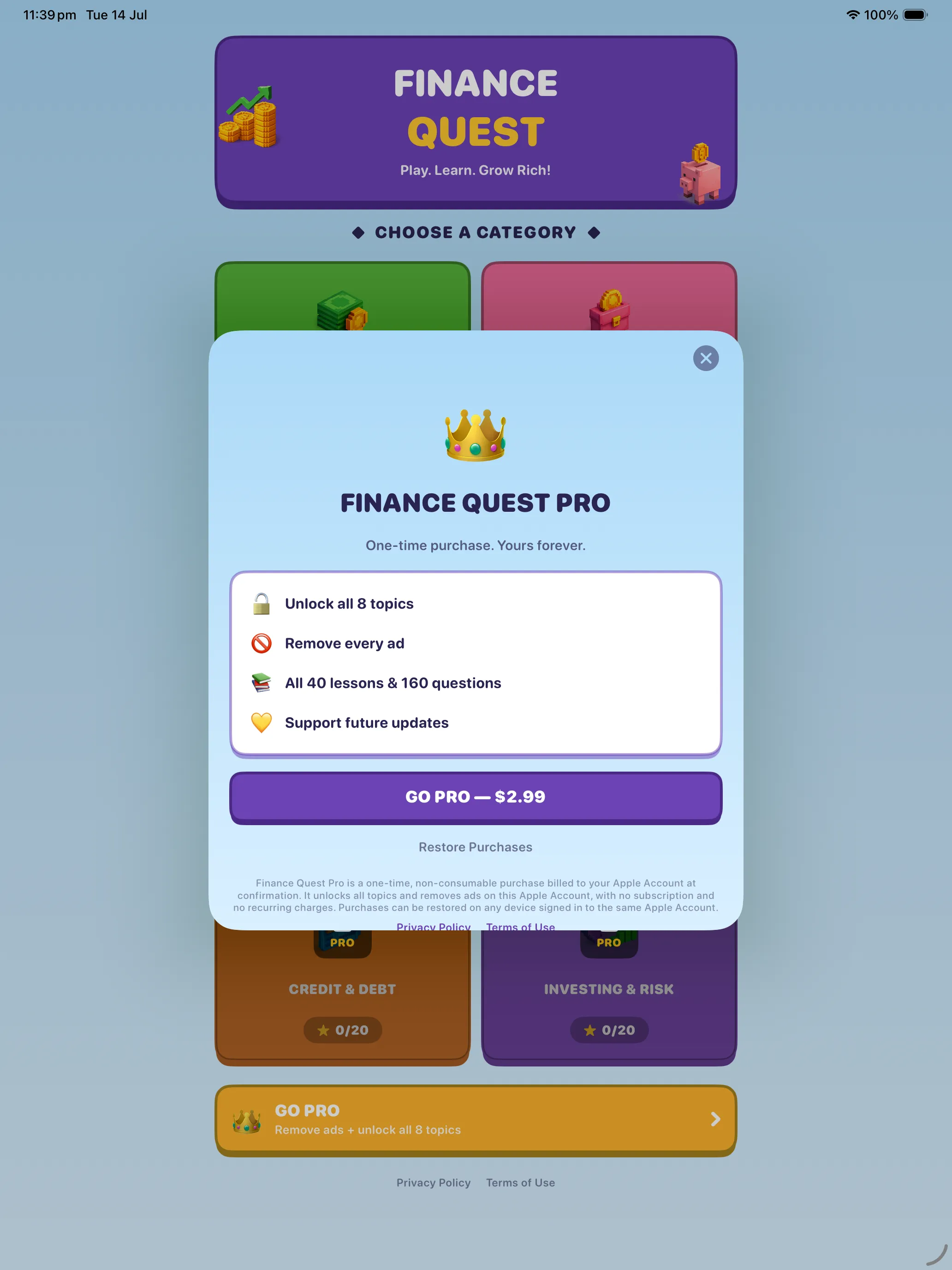 The Finance Quest Pro purchase screen on iPad