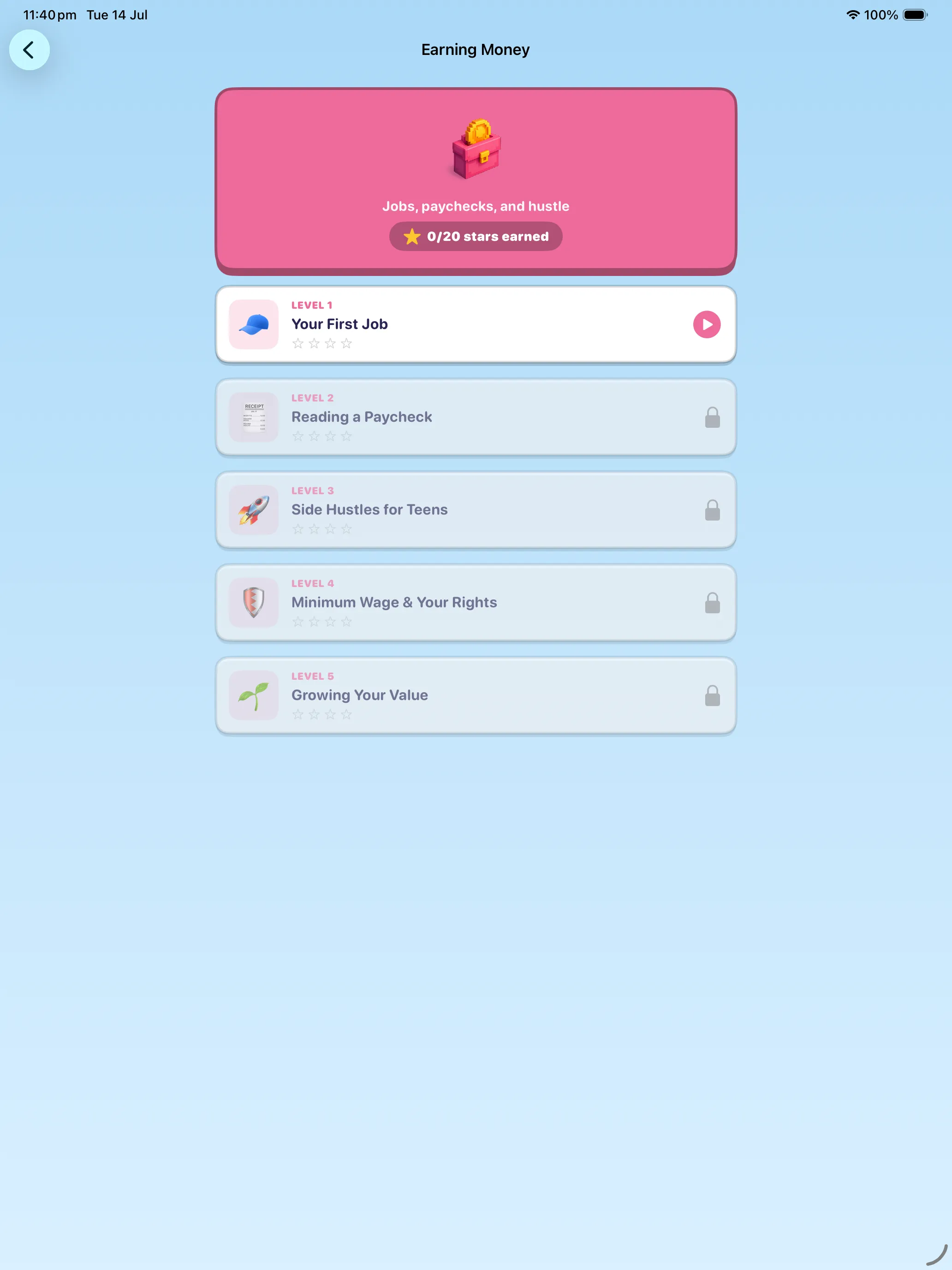 Earning Money topic on iPad with levels from Your First Job to Growing Your Value