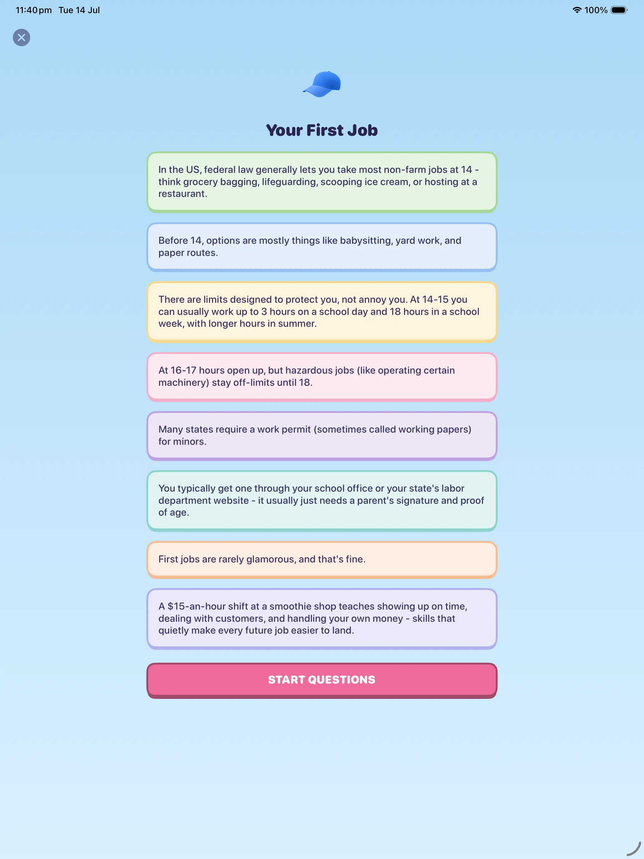 Your First Job lesson on iPad explaining work permits, hours and first-job skills
