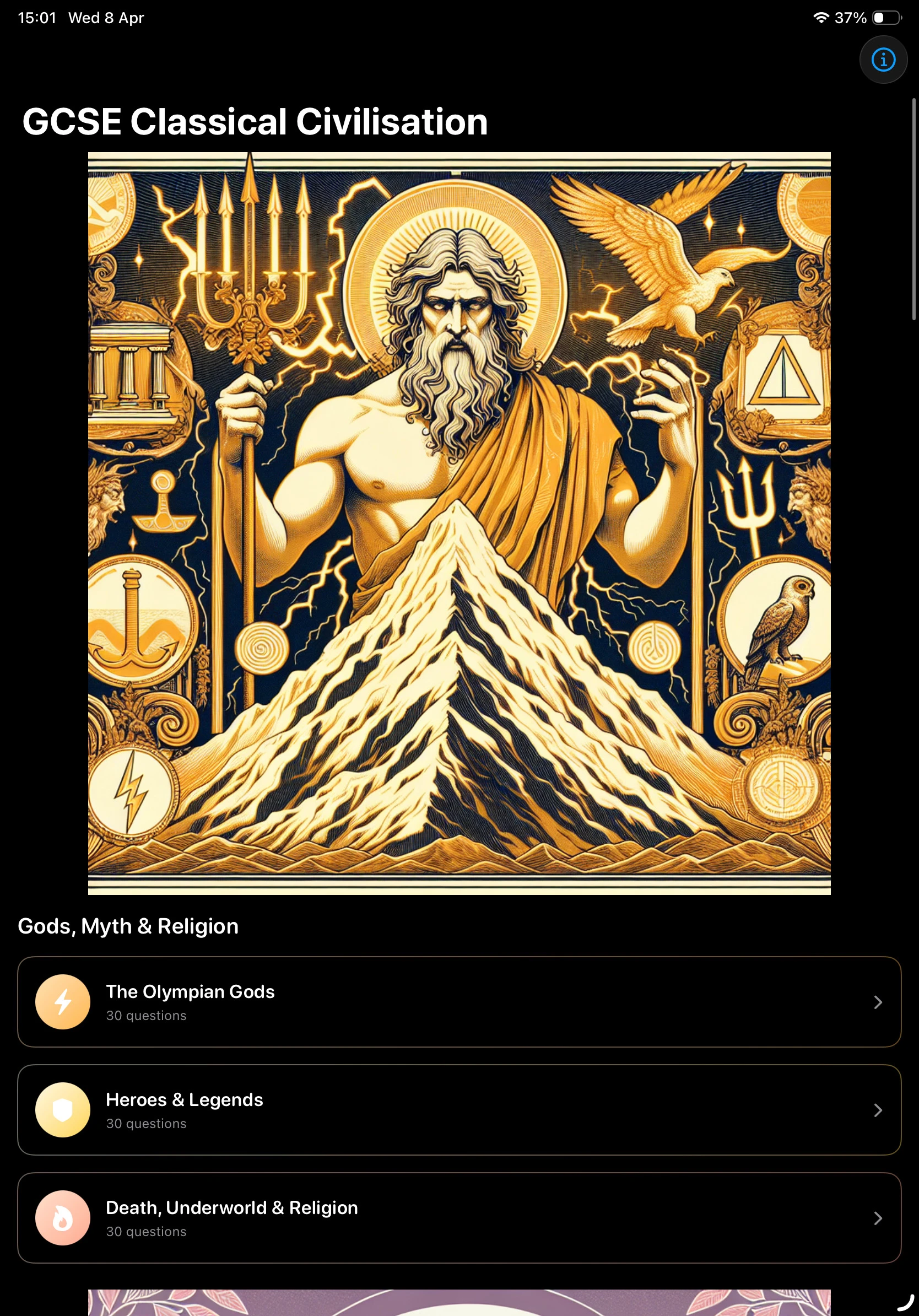 iPad Screenshot - Gods, Myth & Religion Dark Mode