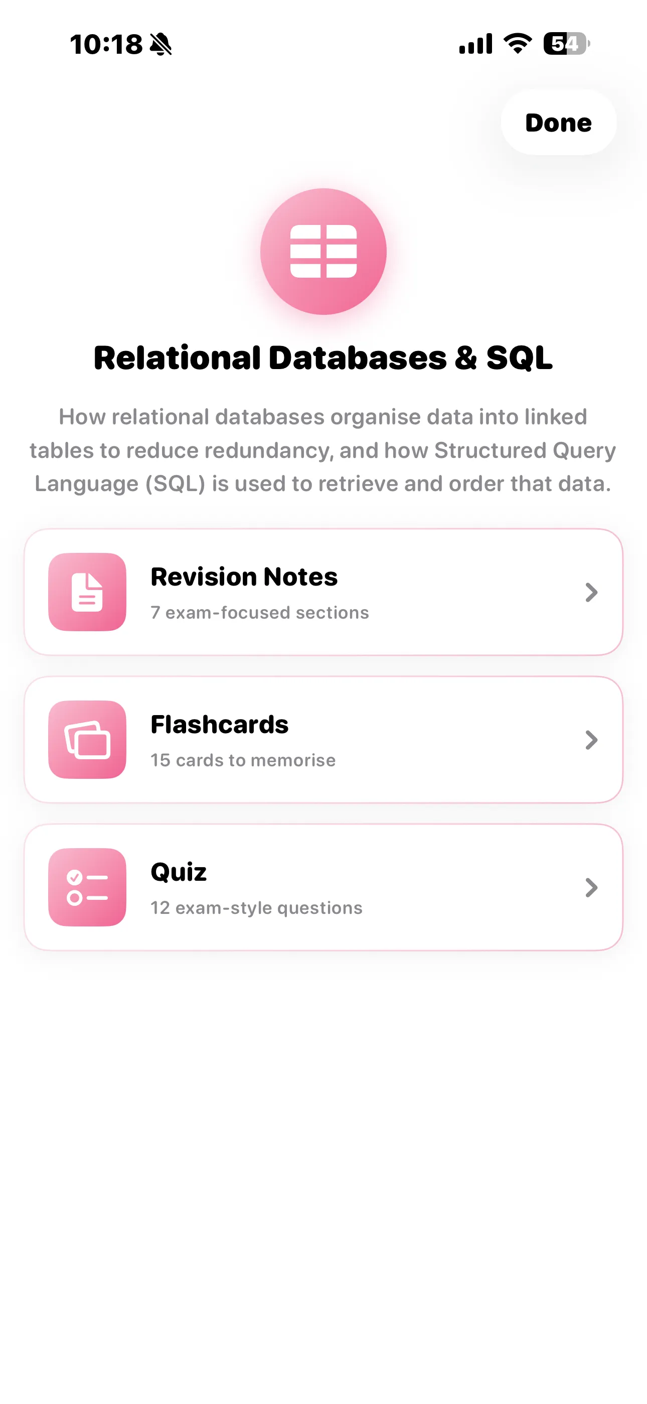 iPhone Screenshot - Topic hub with Notes, Flashcards and Quiz