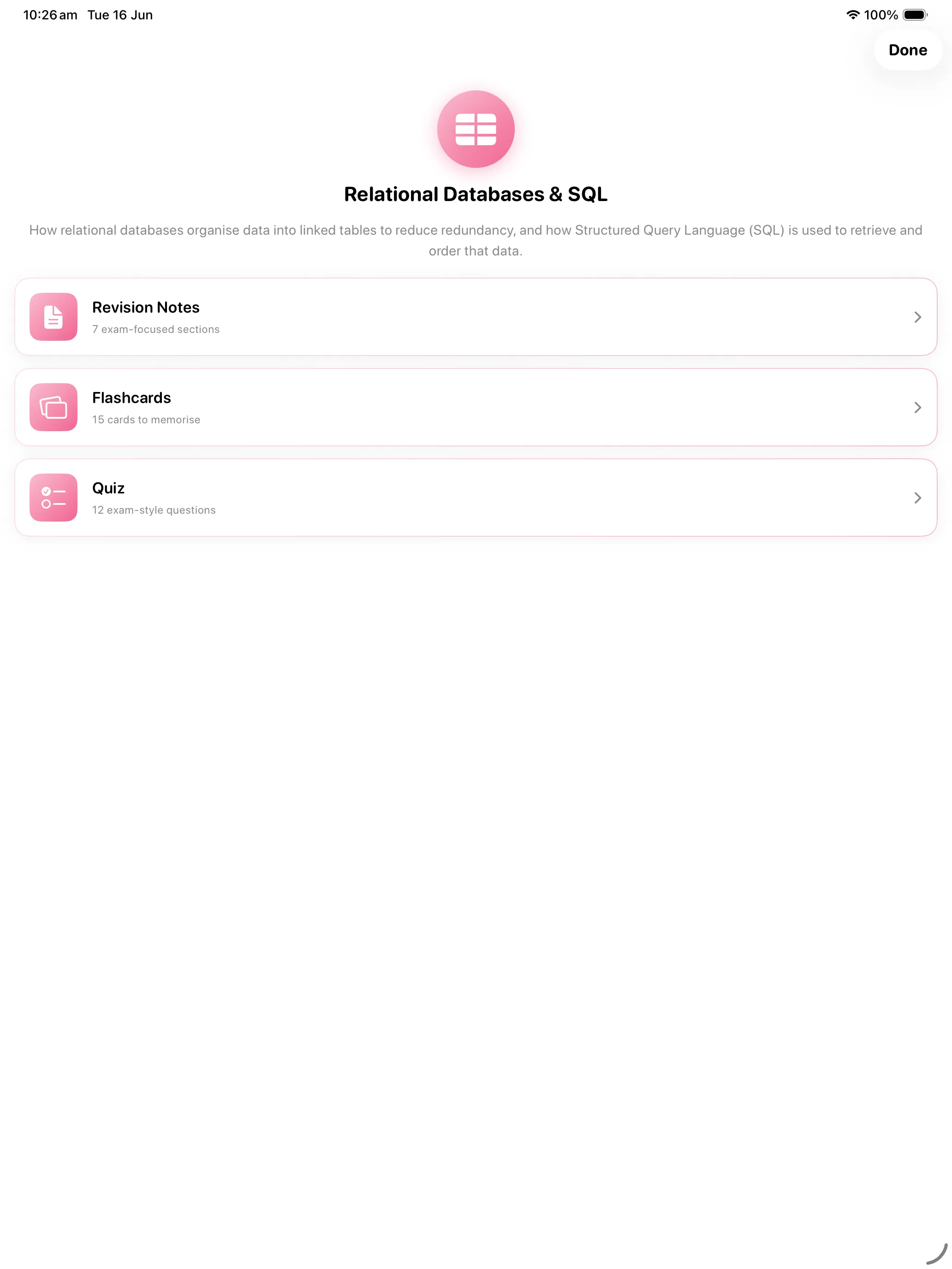 iPad Screenshot - Topic hub with Notes, Flashcards and Quiz